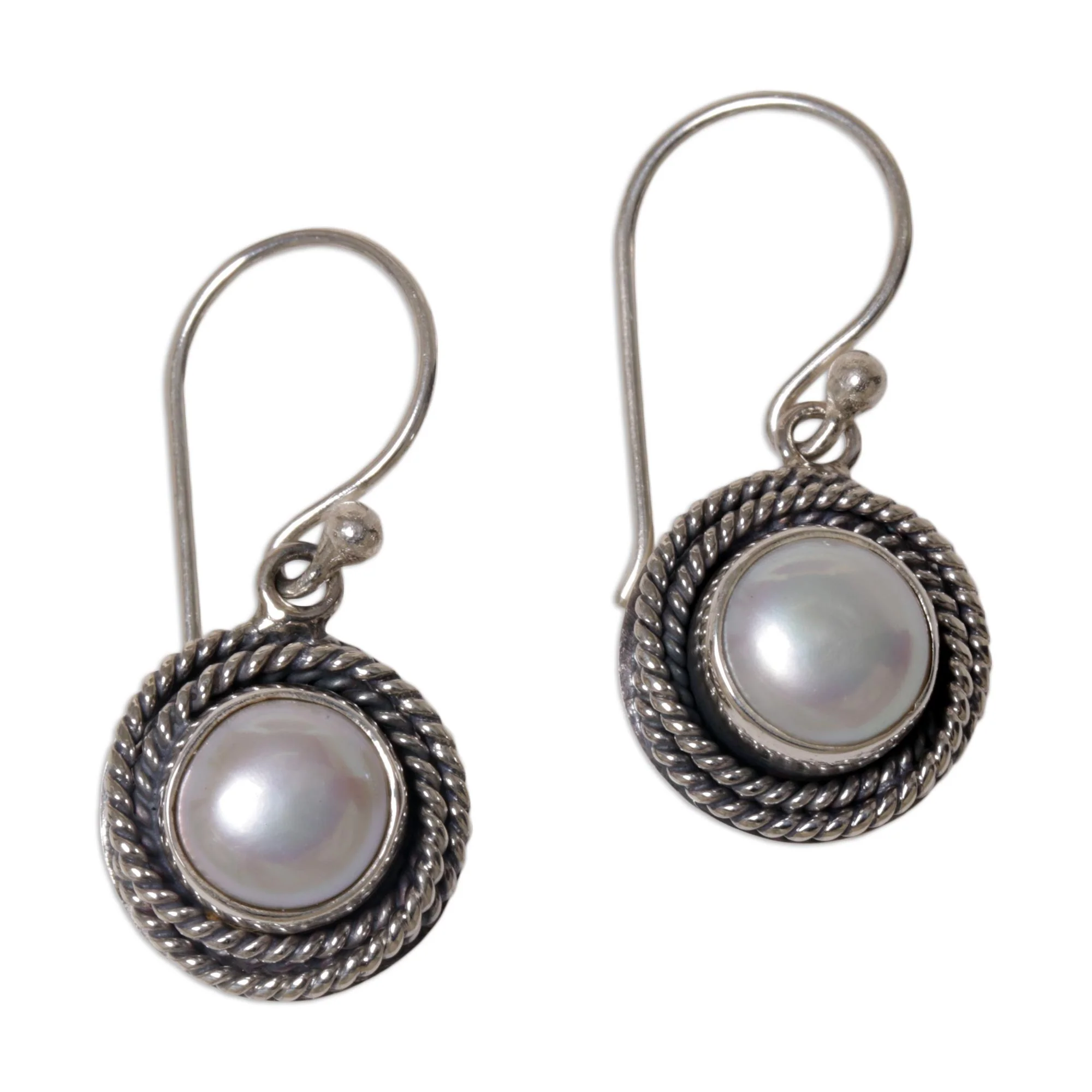 Nest of Chains in White Cultured Pearl Round Dangle Earrings from Indonesia - Image 2