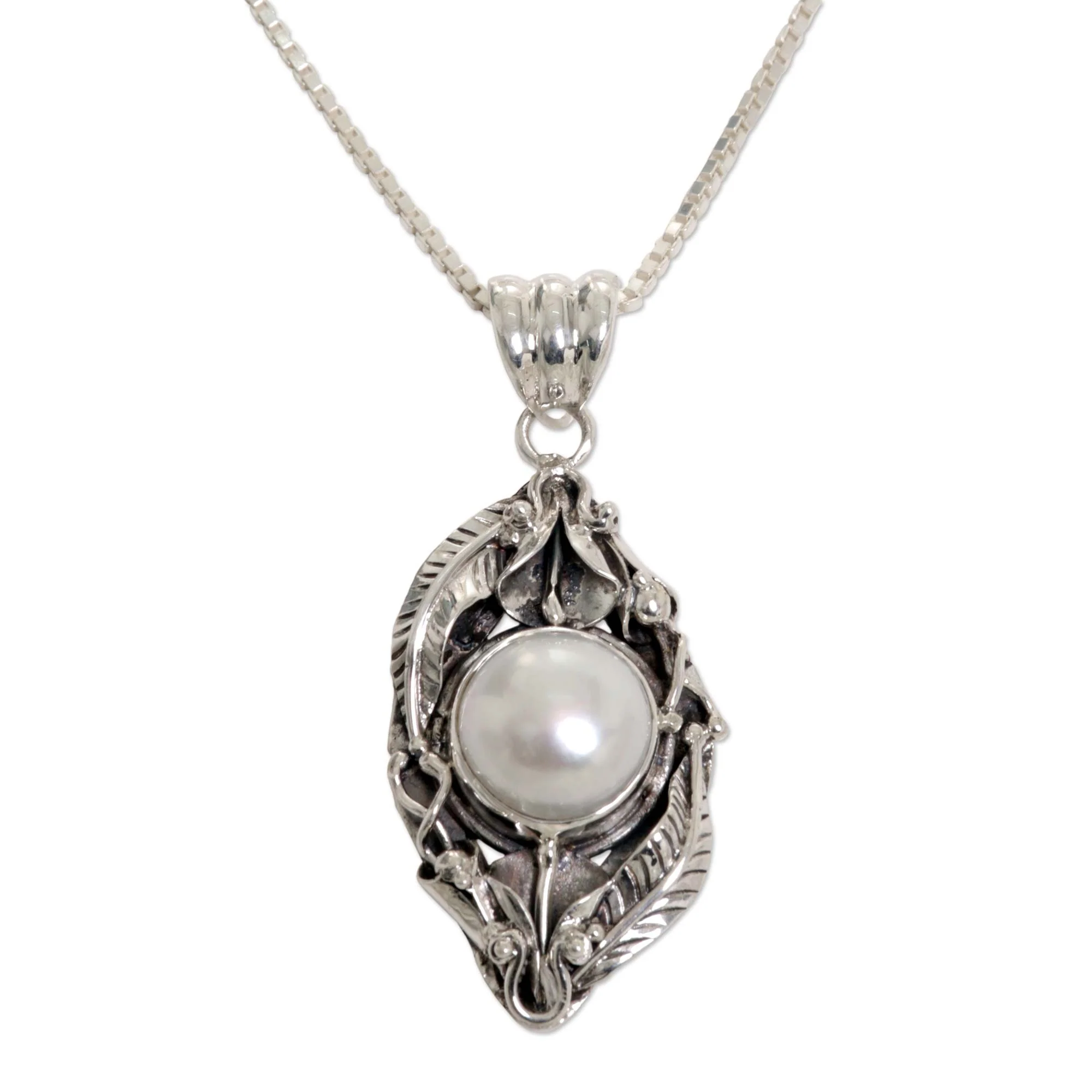 Nest of Lilies Sterling Silver and Cultured Pearl Pendant Necklace - Image 2