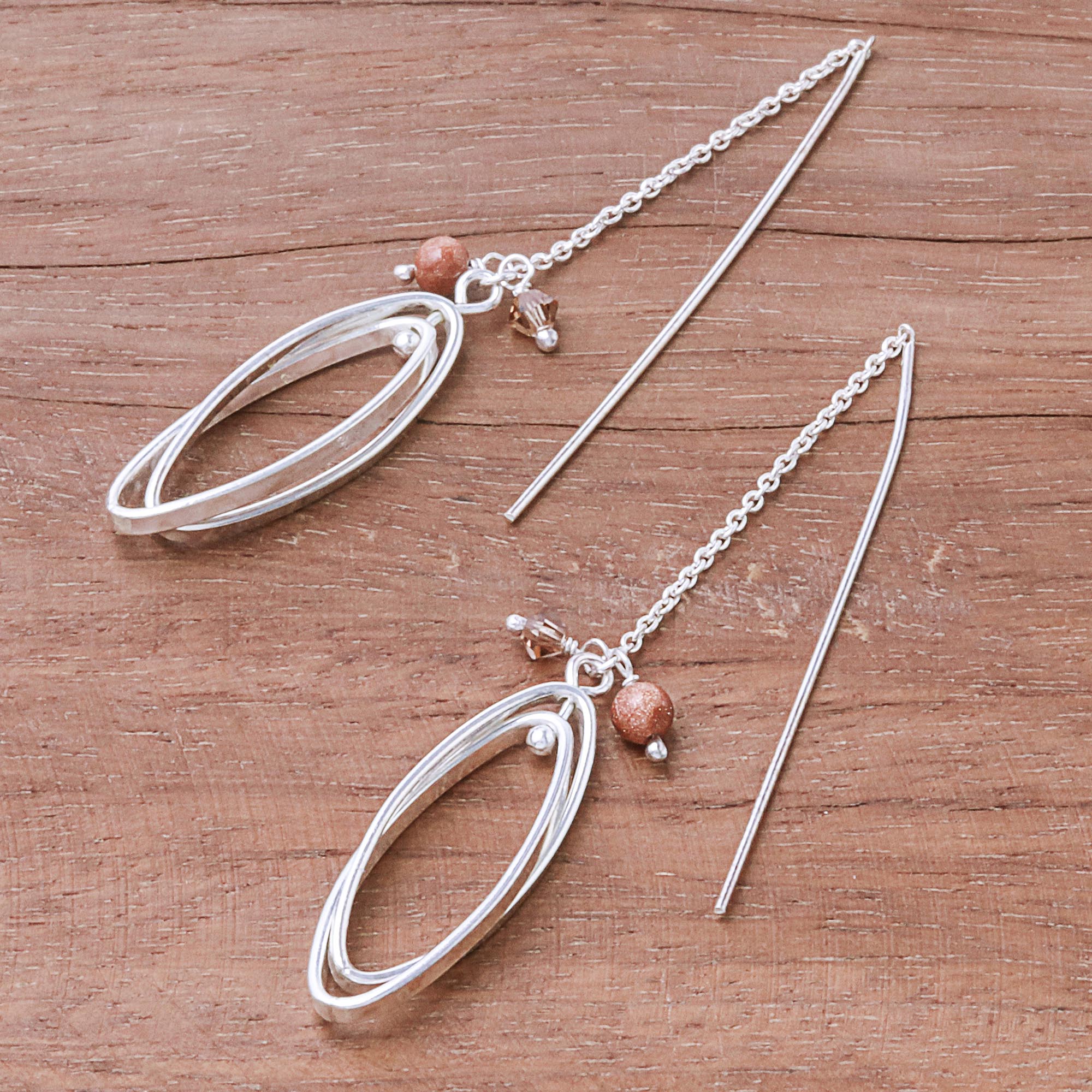 Nested Windows Double Ellipse on Chain Sterling Silver Threader Earrings - Image 3