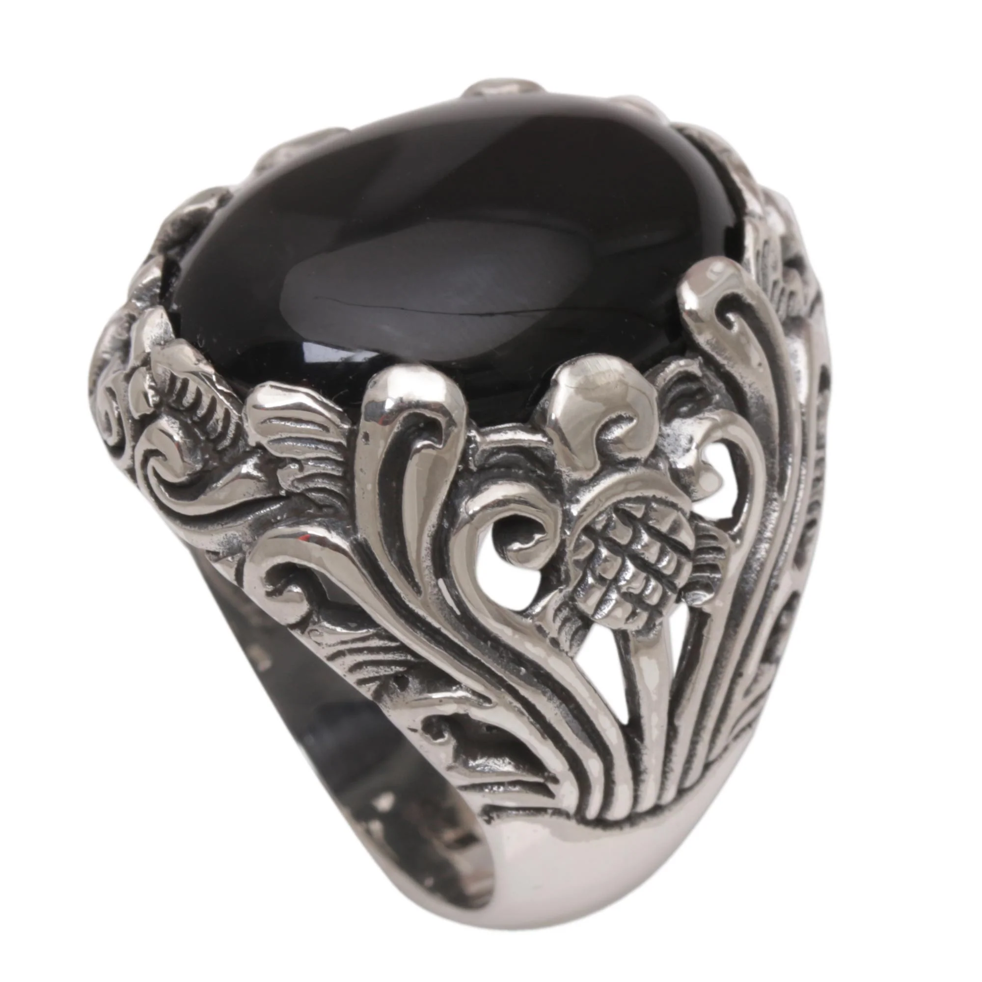 Night Bloom Black Onyx Silver Floral Cocktail Ring - Image 2