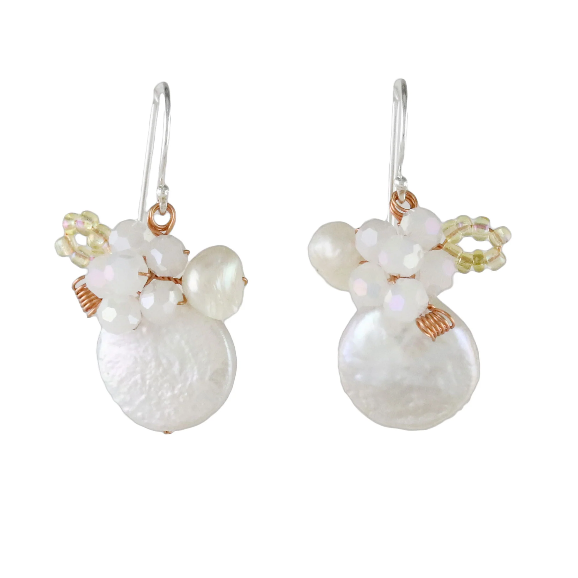 Night Glamour in White Cultured Pearl and Glass Dangle Earrings from Thailand - Image 2