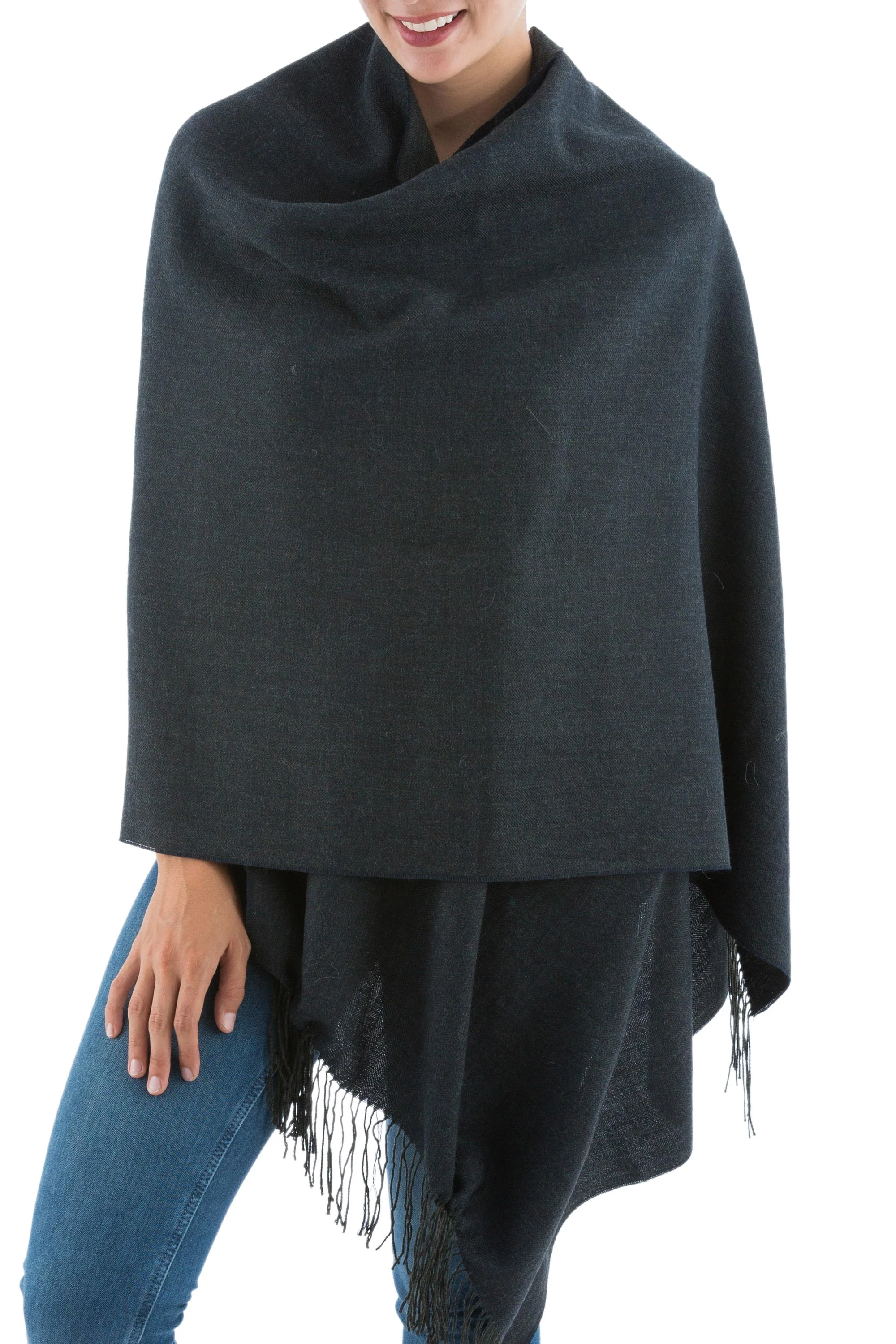 Night in Lima Handwoven Dark Gray Alpaca Blend Shawl - Image 2