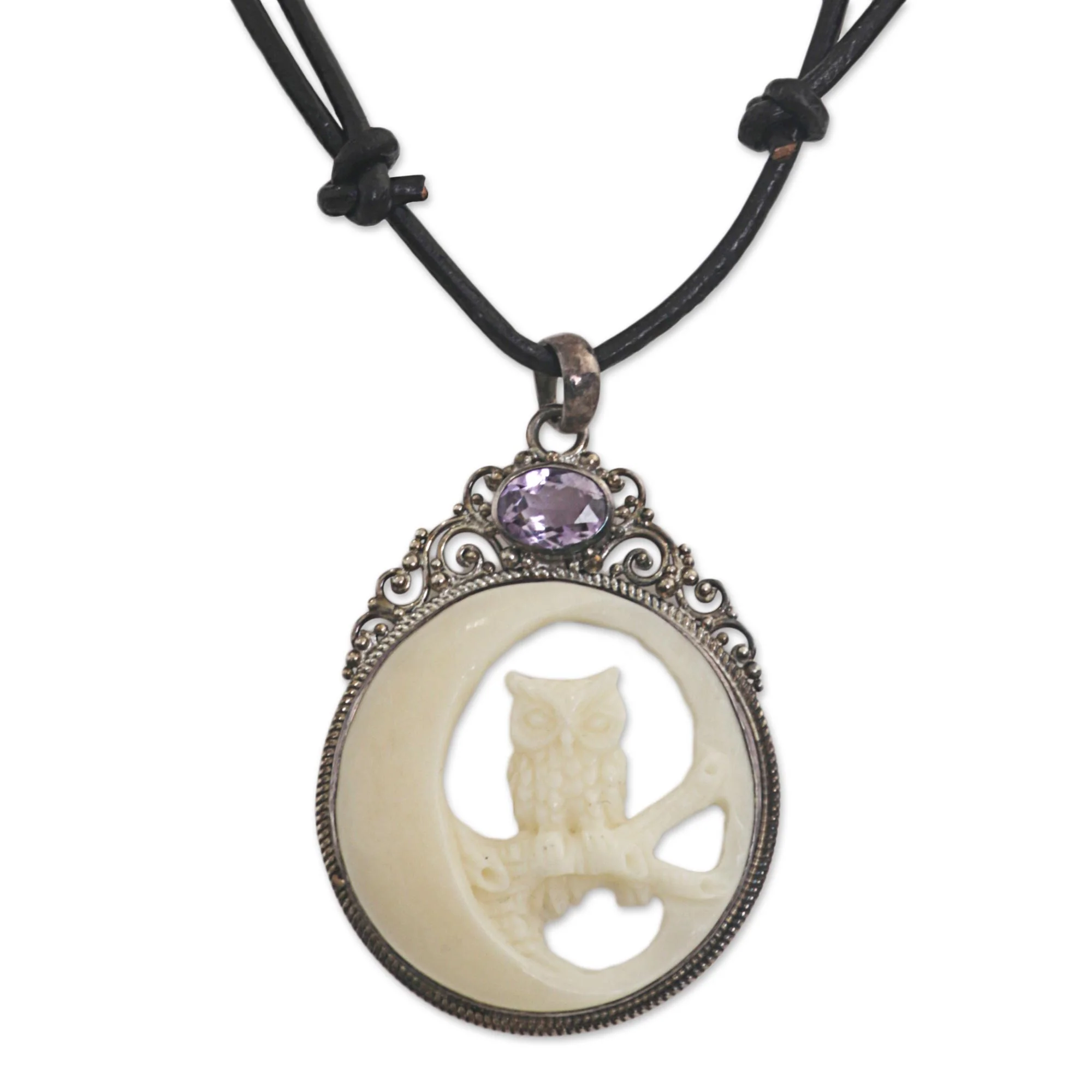 Nighttime Owl Amethyst Silver Bone Leather Pendant Necklace - Image 2