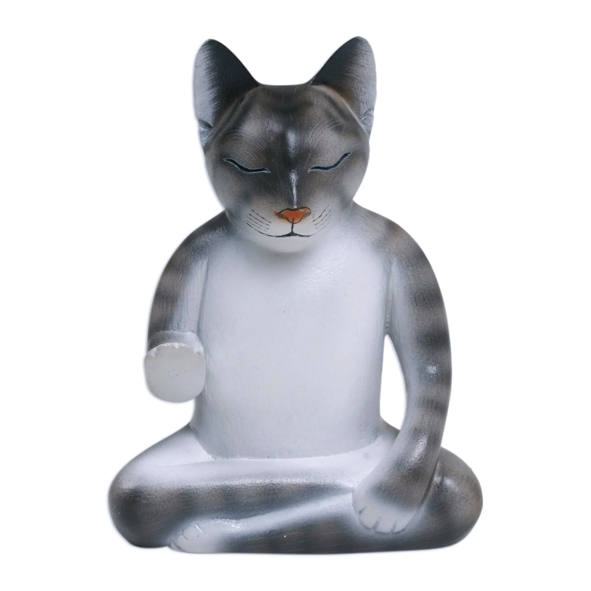 Nirvana Kitty Wood Meditating Cat Sculpture in Grey and White from Bali - Image 2
