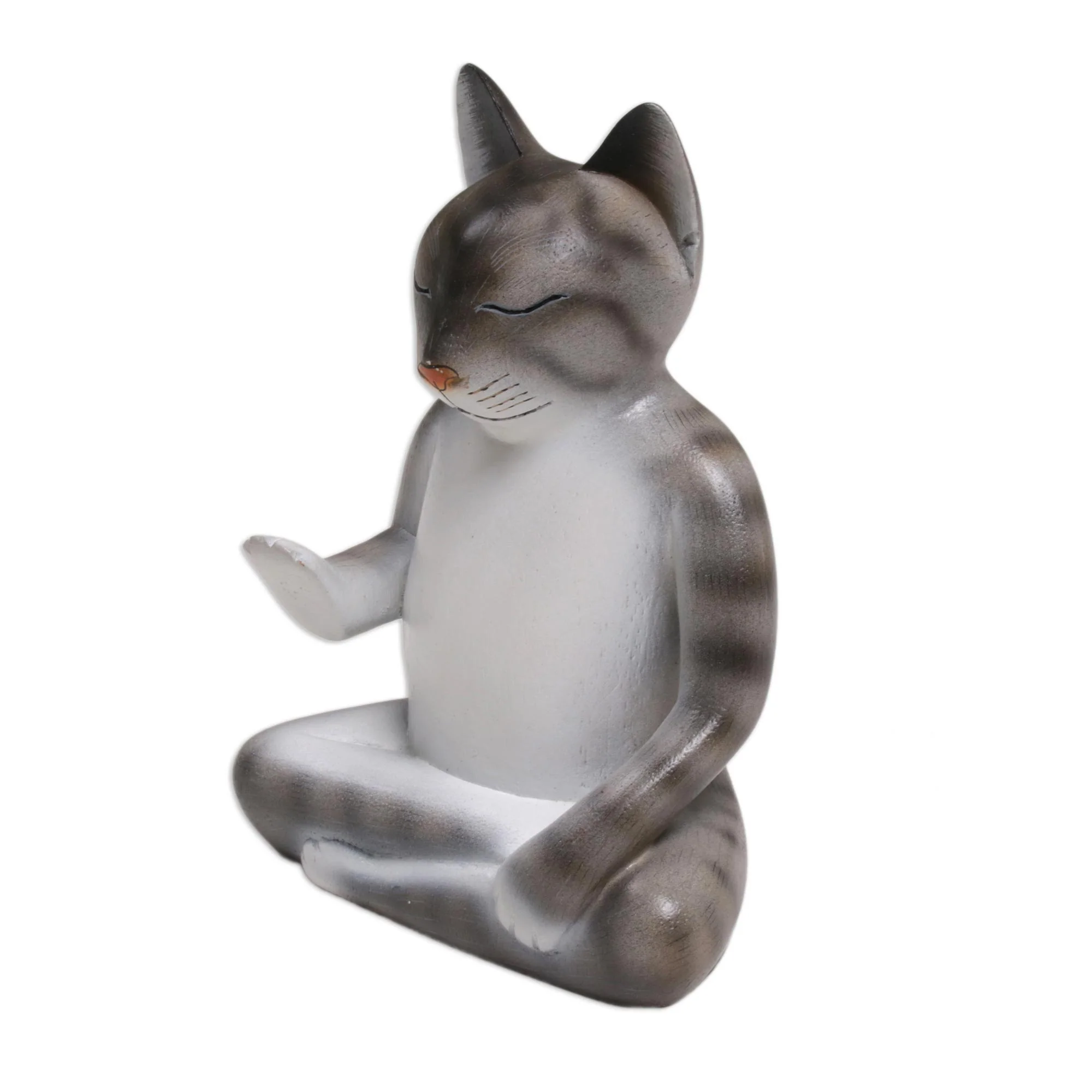 Nirvana Kitty Wood Meditating Cat Sculpture in Grey and White from Bali - Image 4