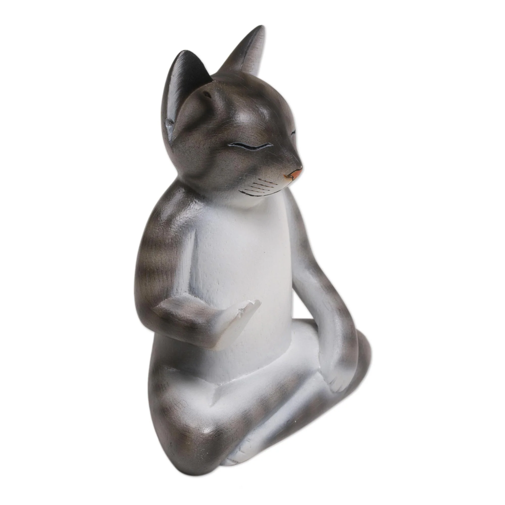 Nirvana Kitty Wood Meditating Cat Sculpture in Grey and White from Bali - Image 5