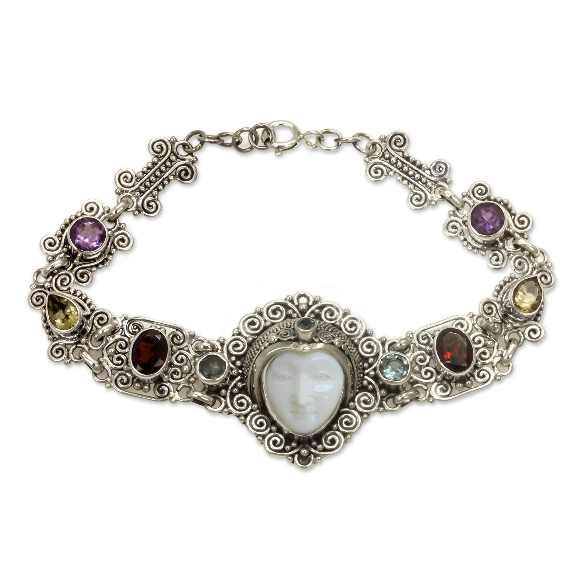 Noble Lady Multi-Gem Garnet Silver & Bone Link Bracelet - Image 2