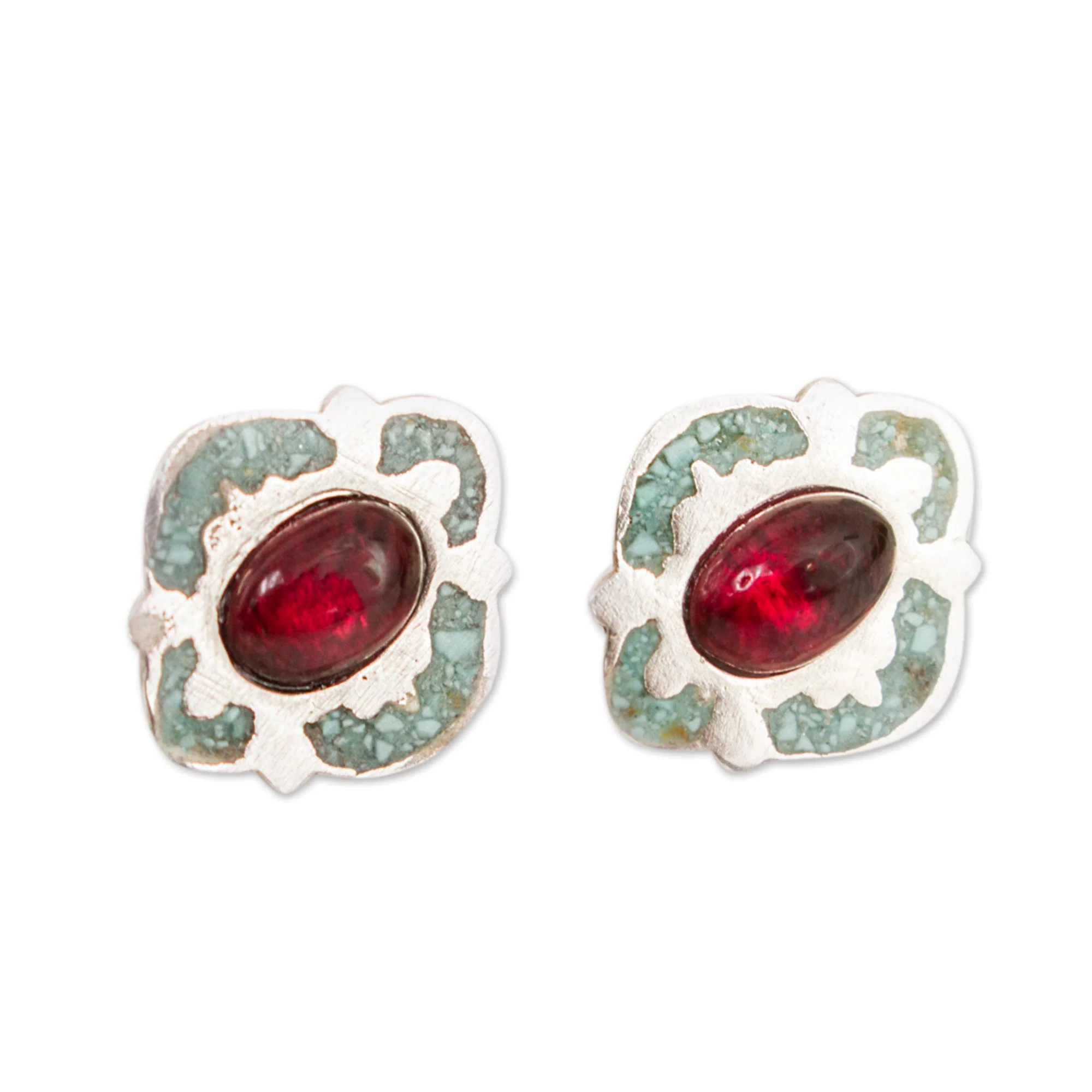 Nocturnal Gala Garnet and Recon. Turquoise Stud Earrings from Mexico - Image 2