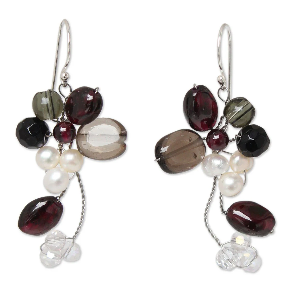 Pearl & Multi-gem Silver Cluster Earrings - Image 2