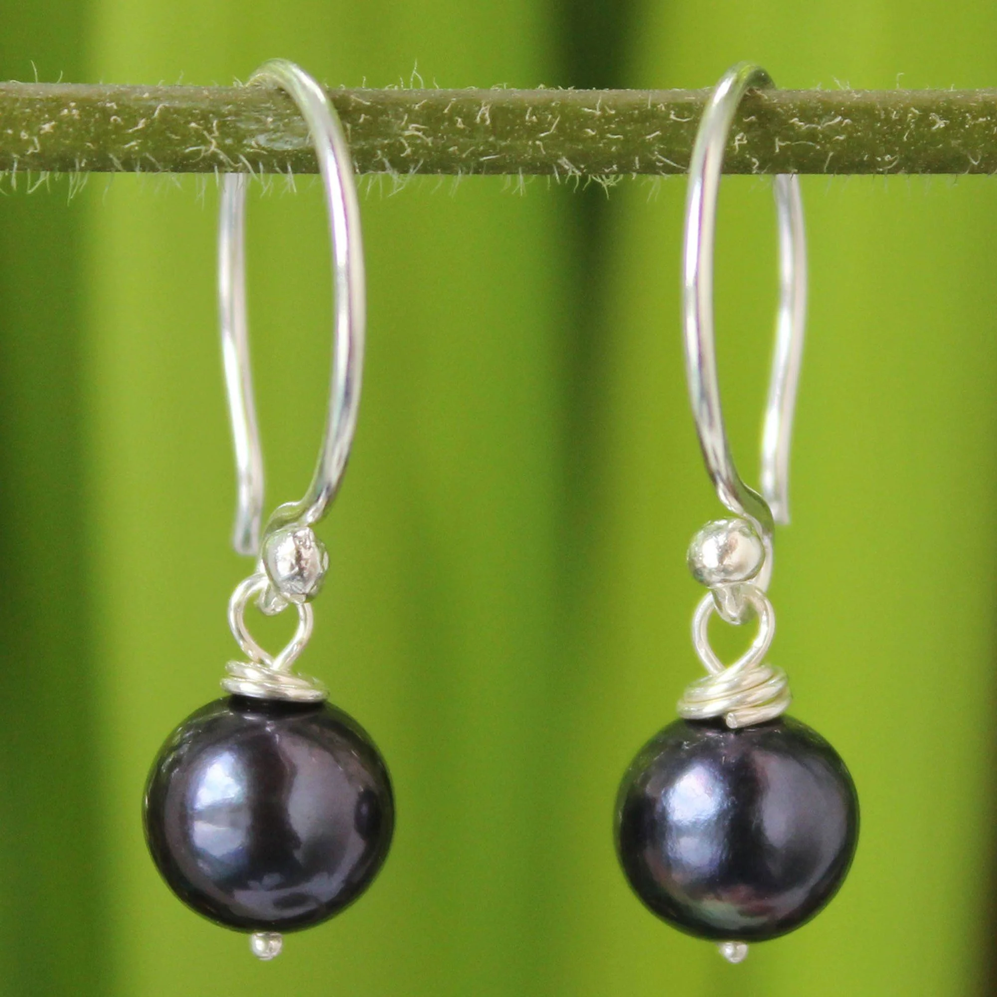 Silver and Black Pearl Dangle Earrings