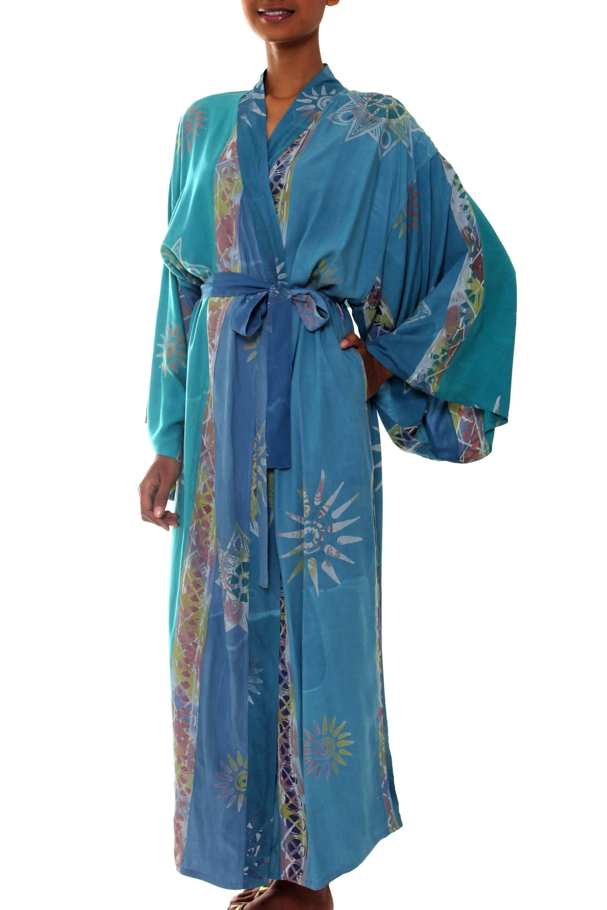 Women's Floral Teal Batik Lightweight Robe - Image 2