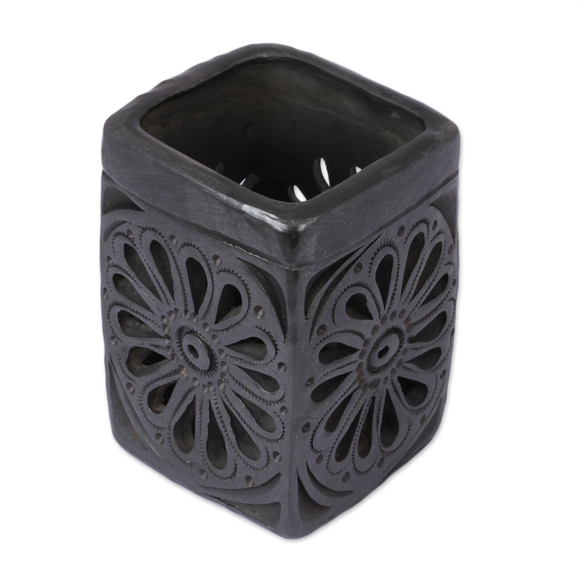 Oaxacan Flower Oaxaca Barro Negro Rectangular Floral Ceramic Pencil Holder - Image 2