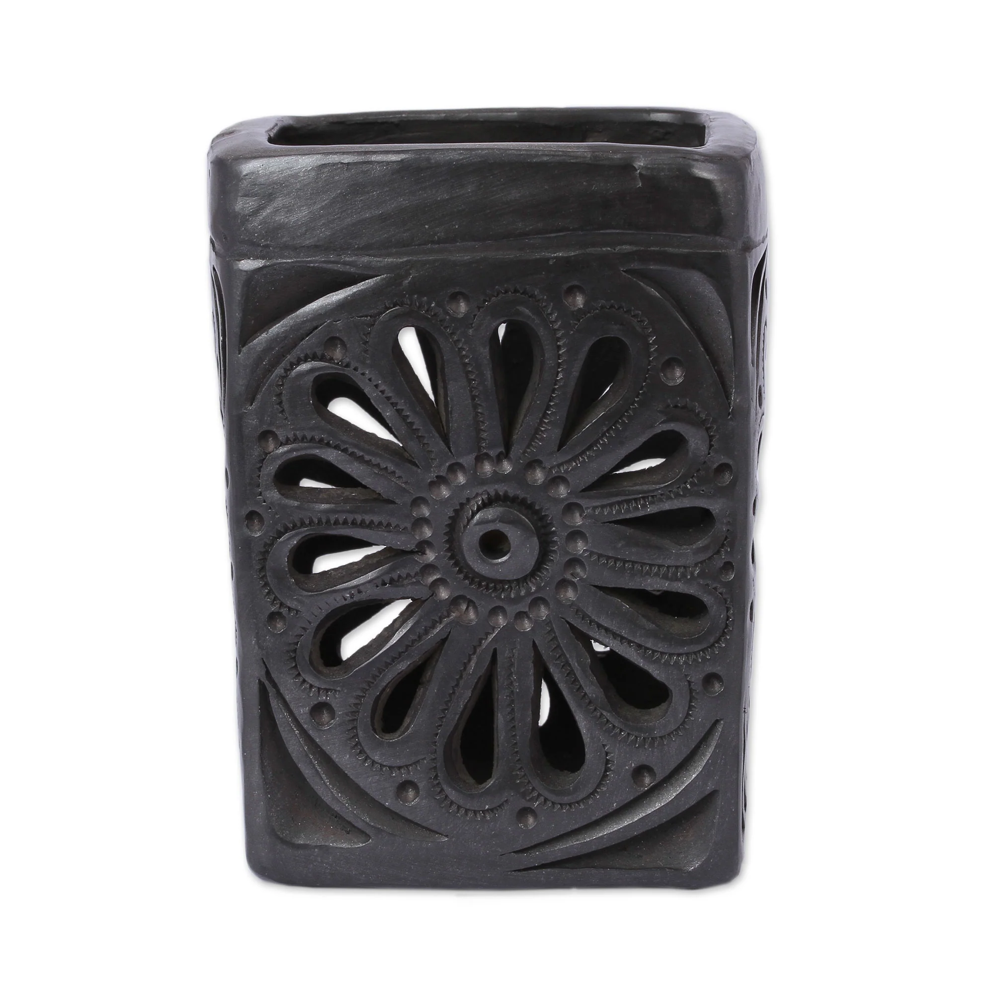 Oaxacan Flower Oaxaca Barro Negro Rectangular Floral Ceramic Pencil Holder - Image 5