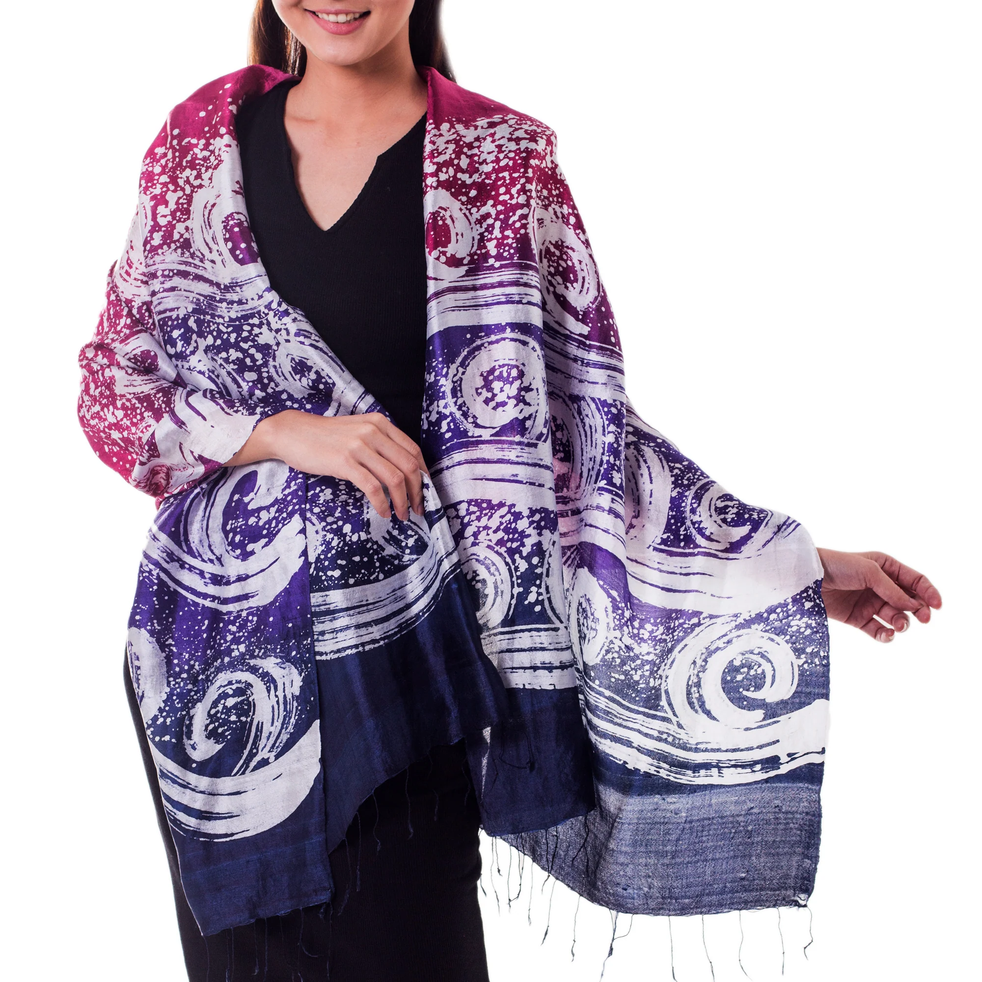Ocean Hyacinth Hand Painted Silk Batik Shawl - Image 3