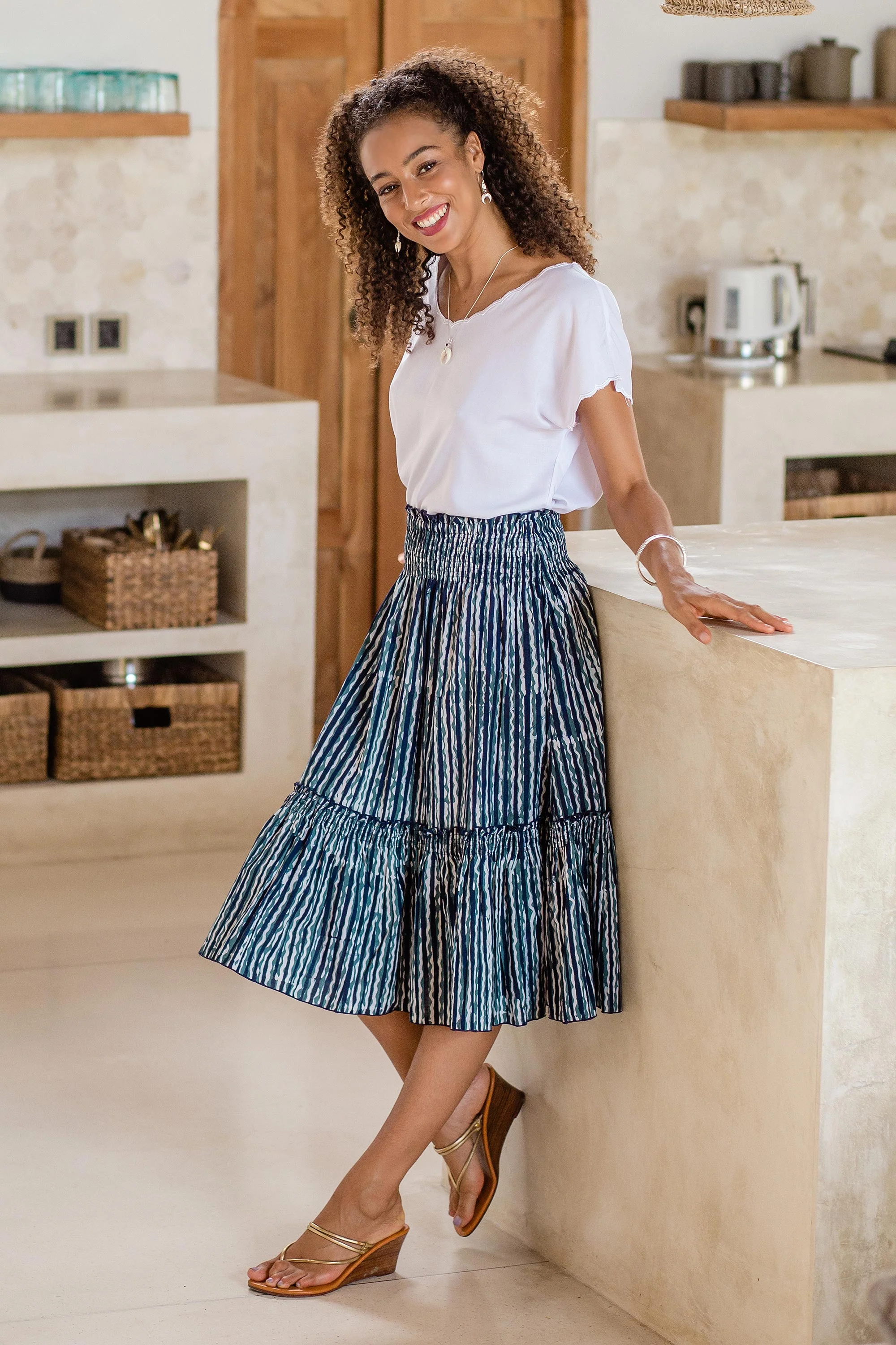 Ocean Wave Hand Crafted Cotton Batik Skirt - Image 3
