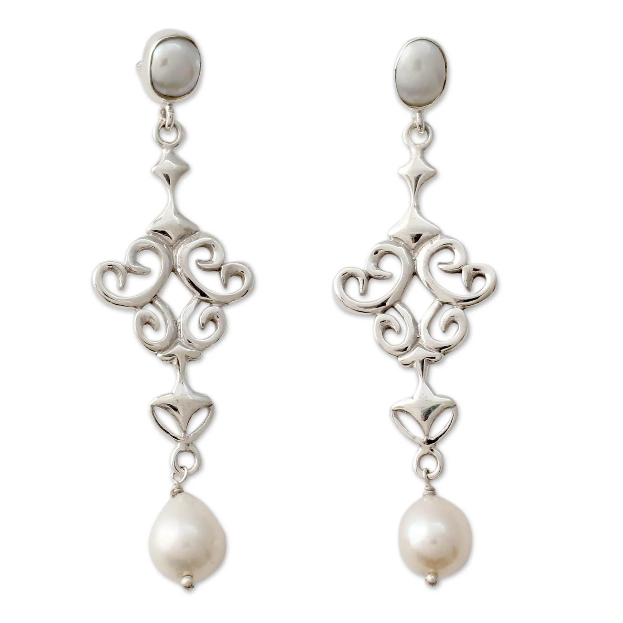 Ode to Fantasy Shiny Sterling Silver Earrings with White Pearls from India - Image 2