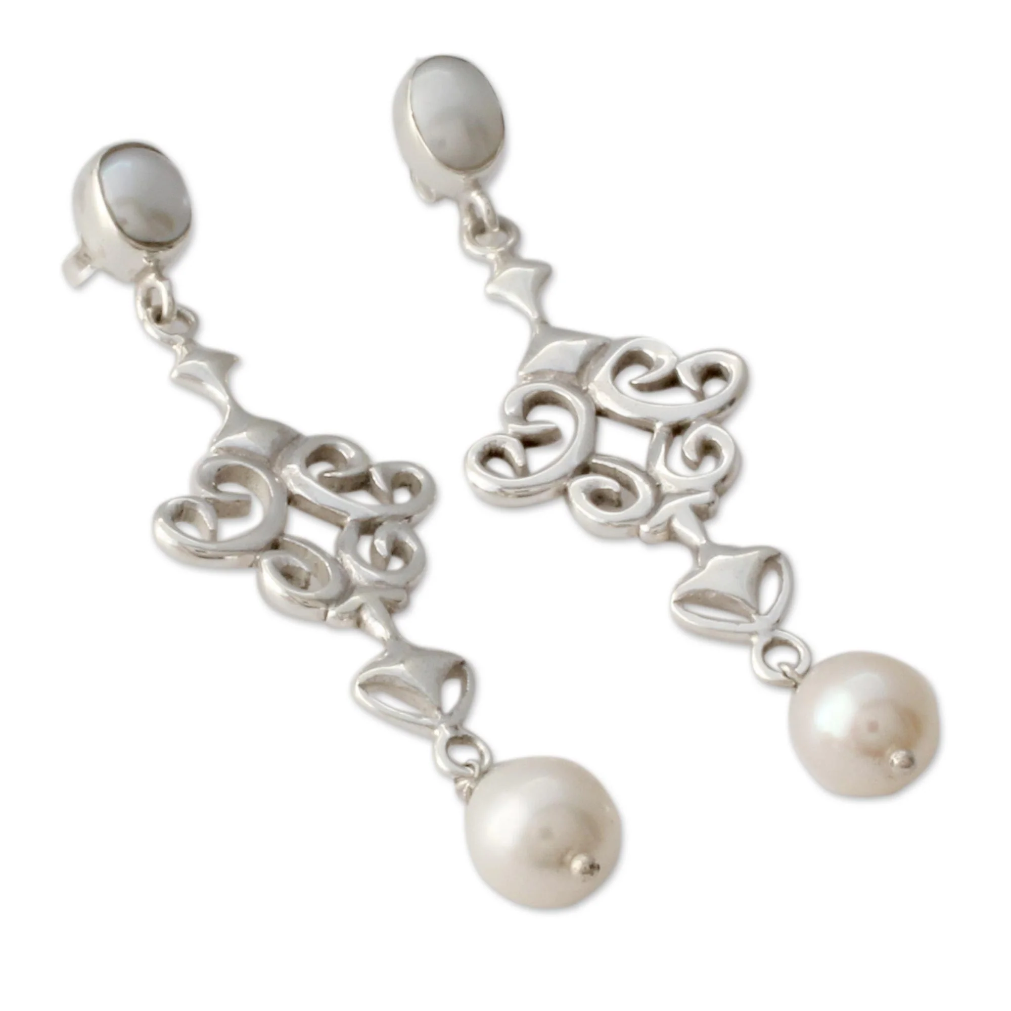 Ode to Fantasy Shiny Sterling Silver Earrings with White Pearls from India - Image 3