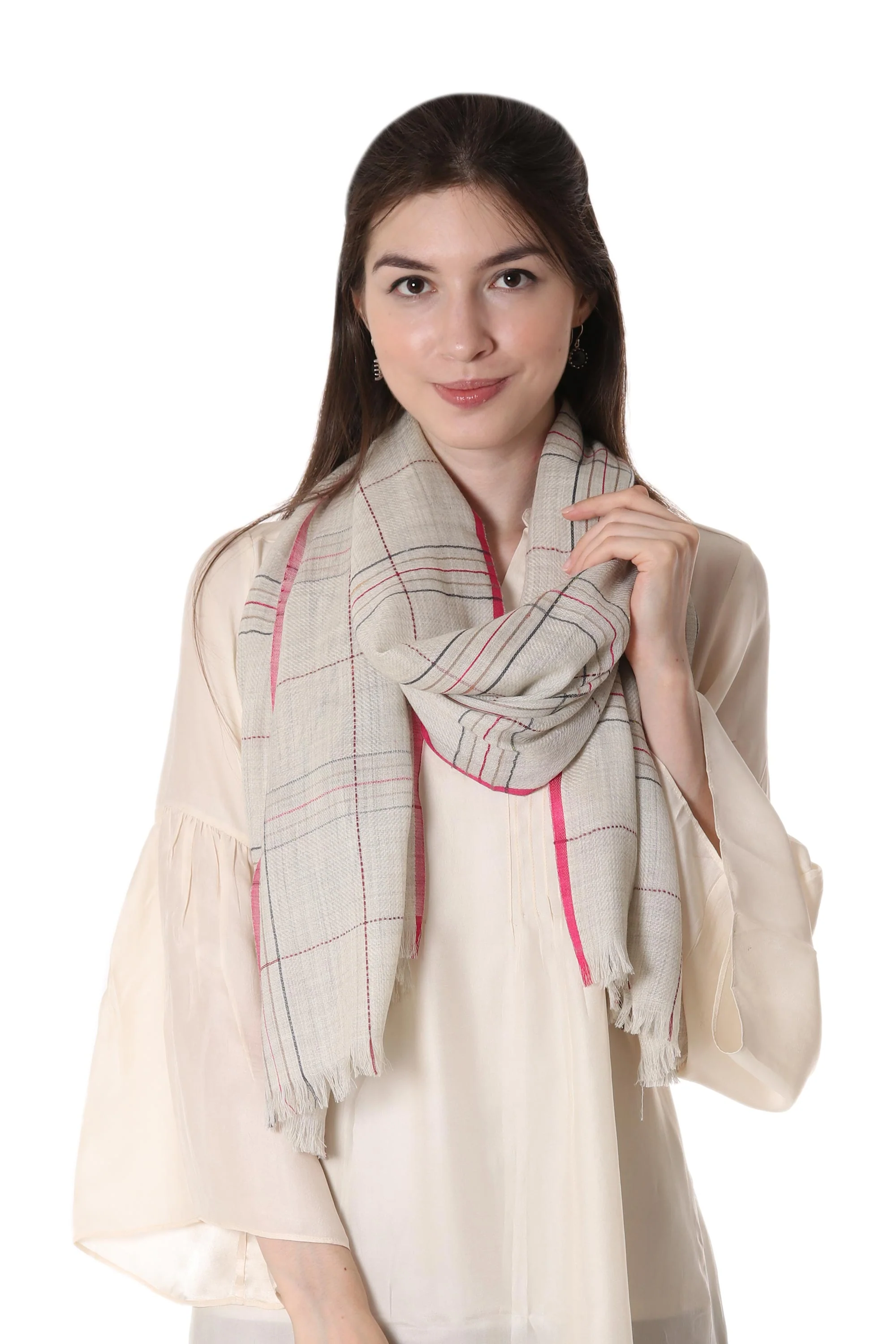 Off-White Sophistication Wool Patterned Shawl in Off-White from India - Image 2