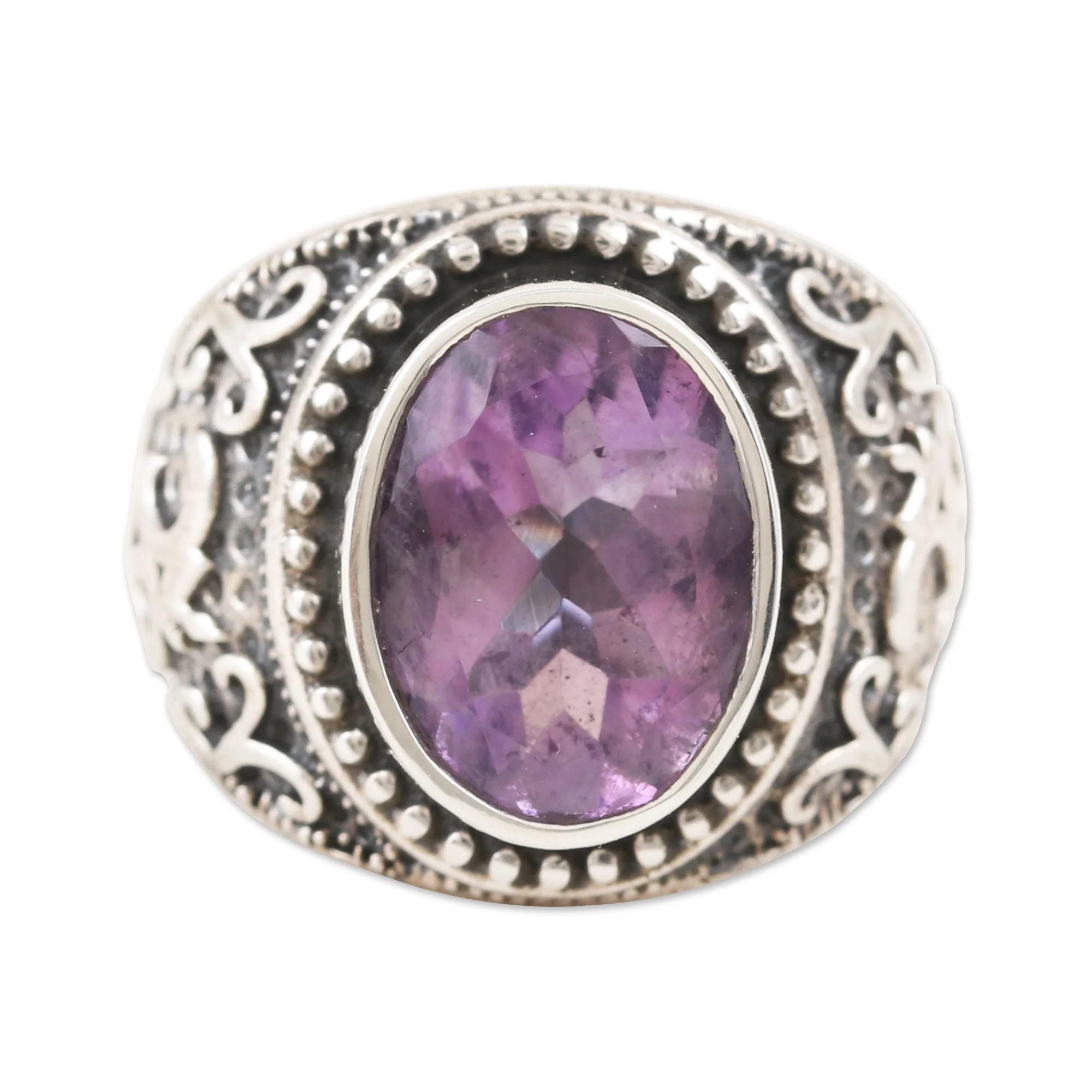 Om Glitter Om-Themed Amethyst Single-Stone Ring from India - Image 2