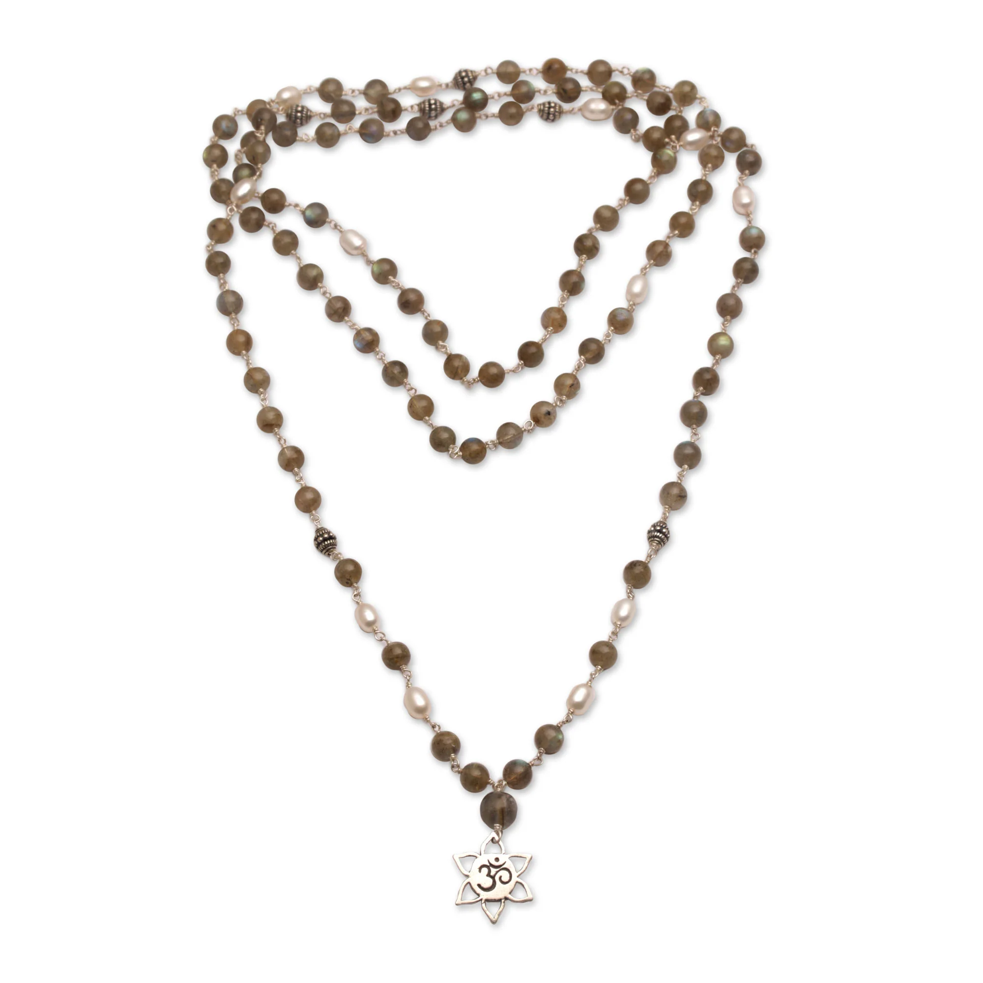 Om in Bloom Labradorite and Cultured Pearl Om Necklace from Bali - Image 2
