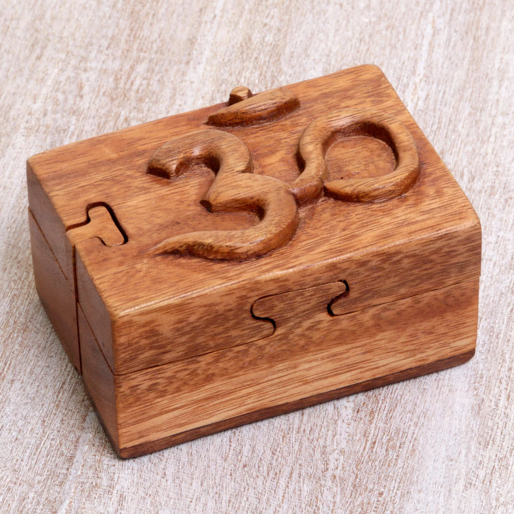 Om Protector Hand Carved Wood Puzzle Box Om Symbol from Indonesia - Image 3