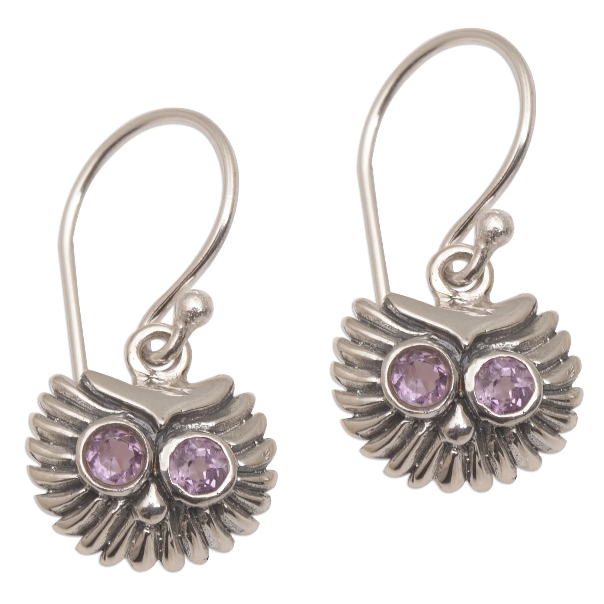 Opulent Owl Amethyst and Sterling Silver Owl Dangle Earrings from Bali - Image 2
