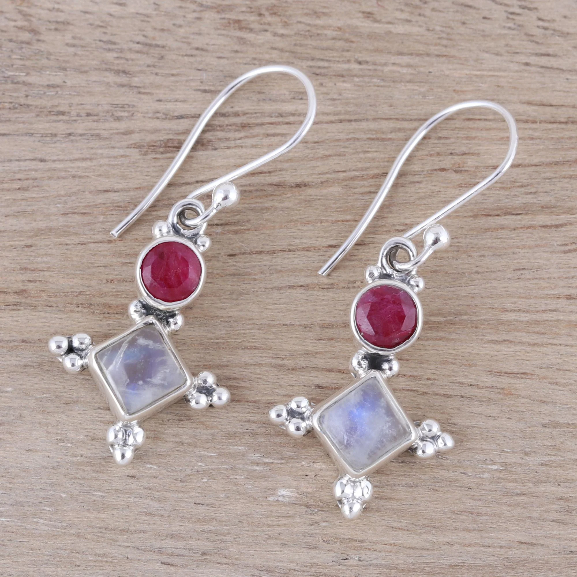 Opulent Stars Pink Agate and Rainbow Moonstone Star Dangle Earrings - Image 3