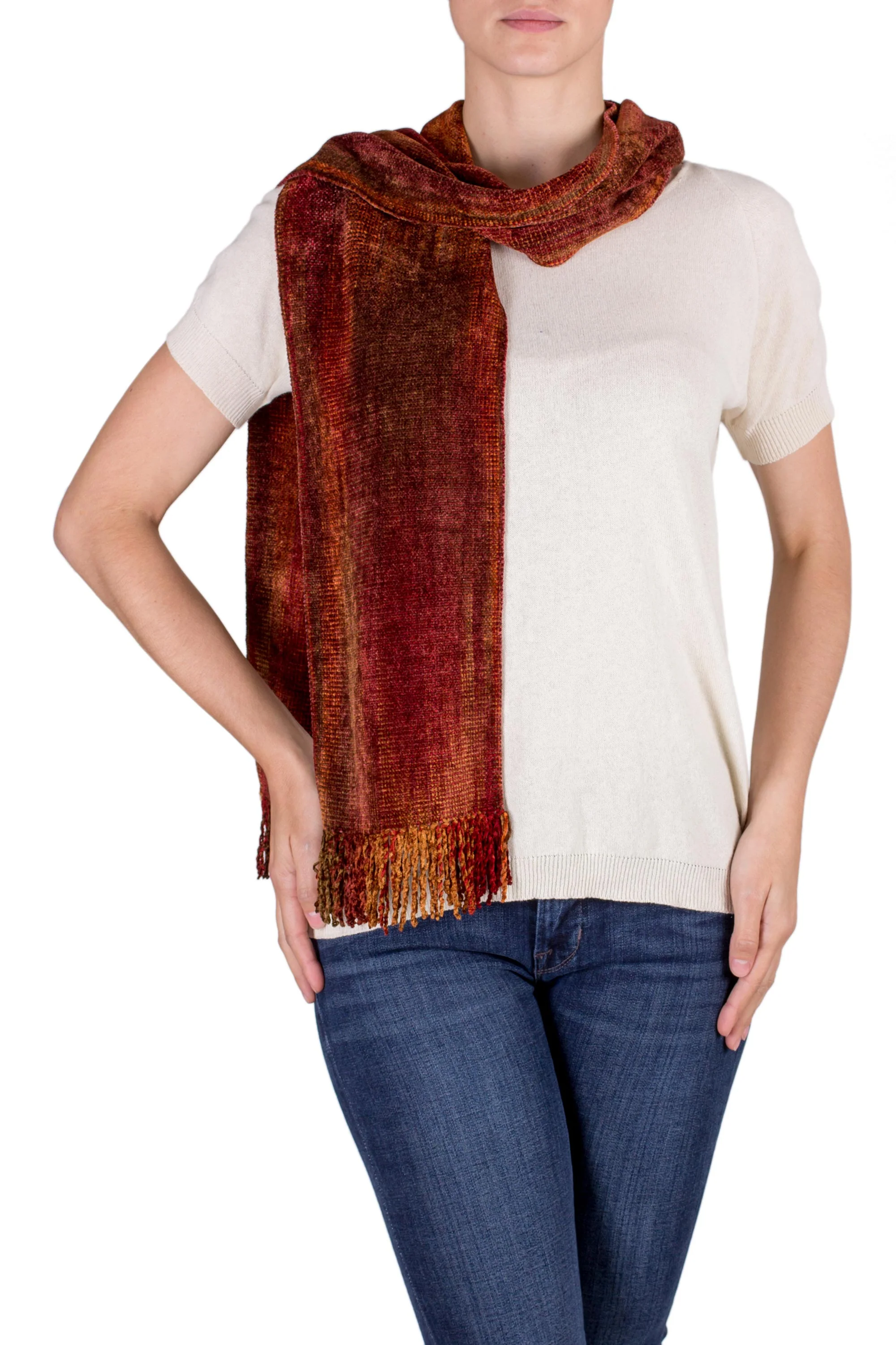 Orange Dreamer Handwoven Rayon Scarf in Orange and Red from Guatemala - Image 2