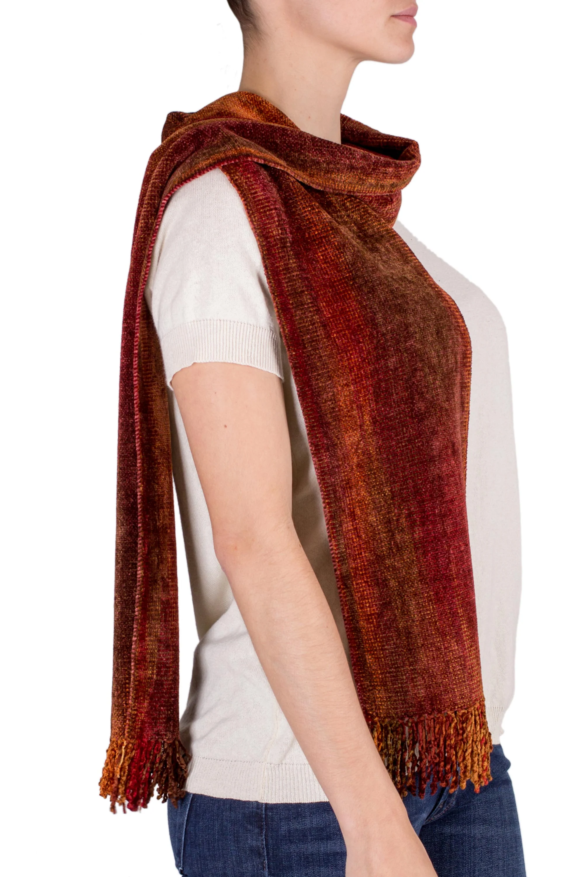 Orange Dreamer Handwoven Rayon Scarf in Orange and Red from Guatemala - Image 3