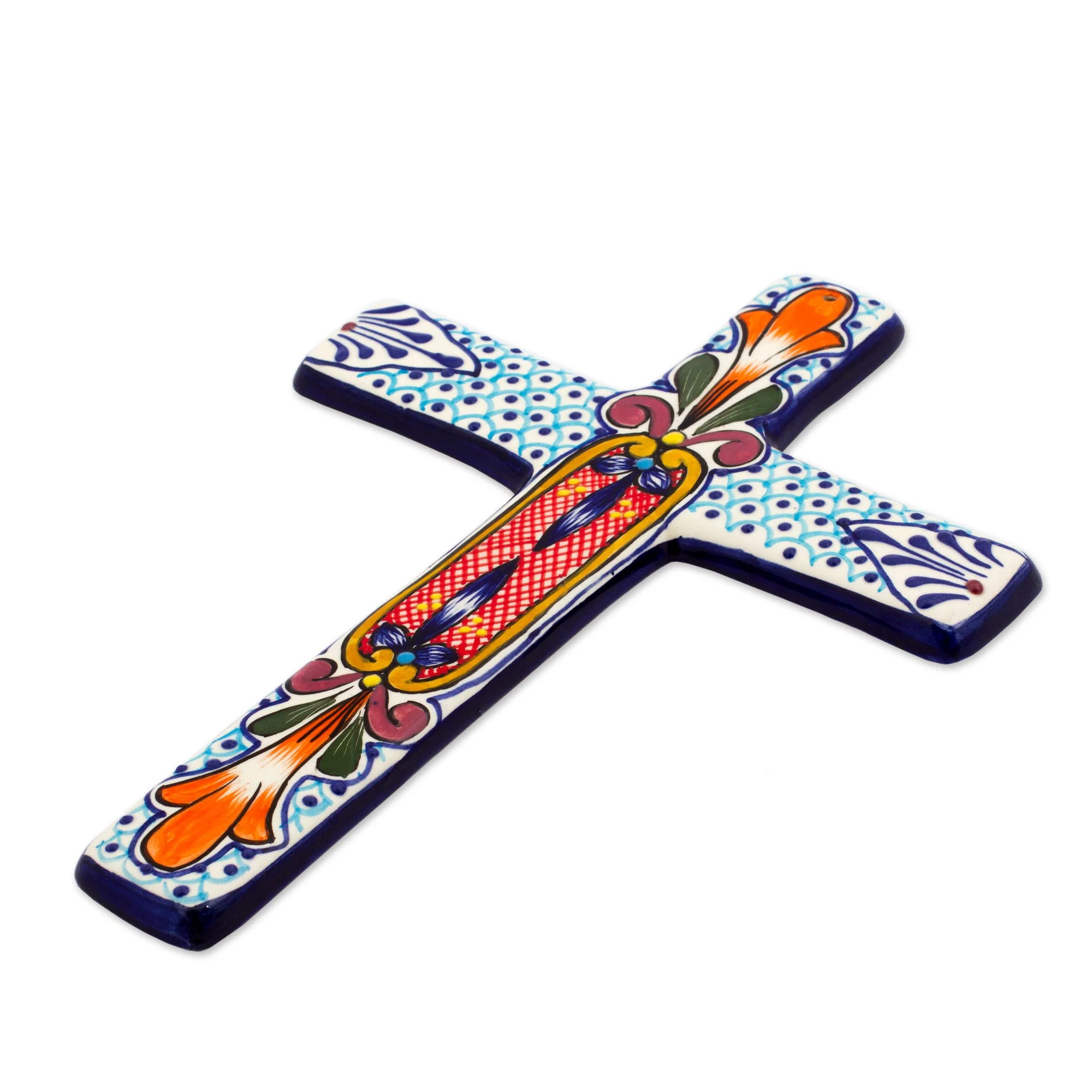 Orange Lily Hand Crafted Multicolored Ceramic Wall Cross From Mexico - Image 3
