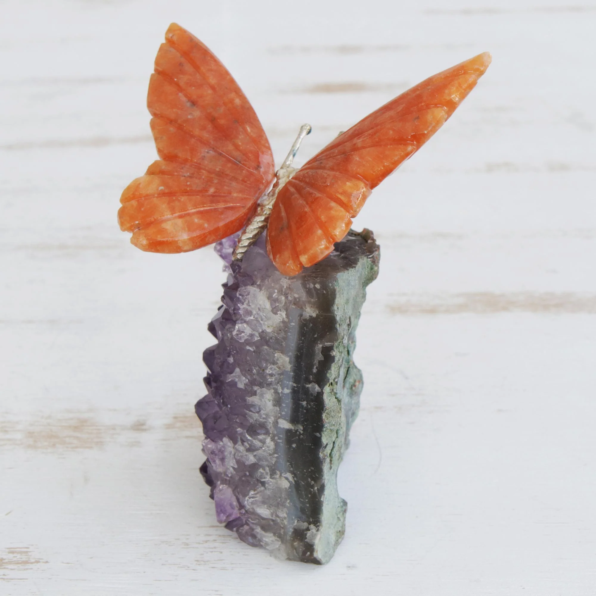 Orange Wings Orange Calcite and Amethyst Butterfly Gemstone Sculpture - Image 3