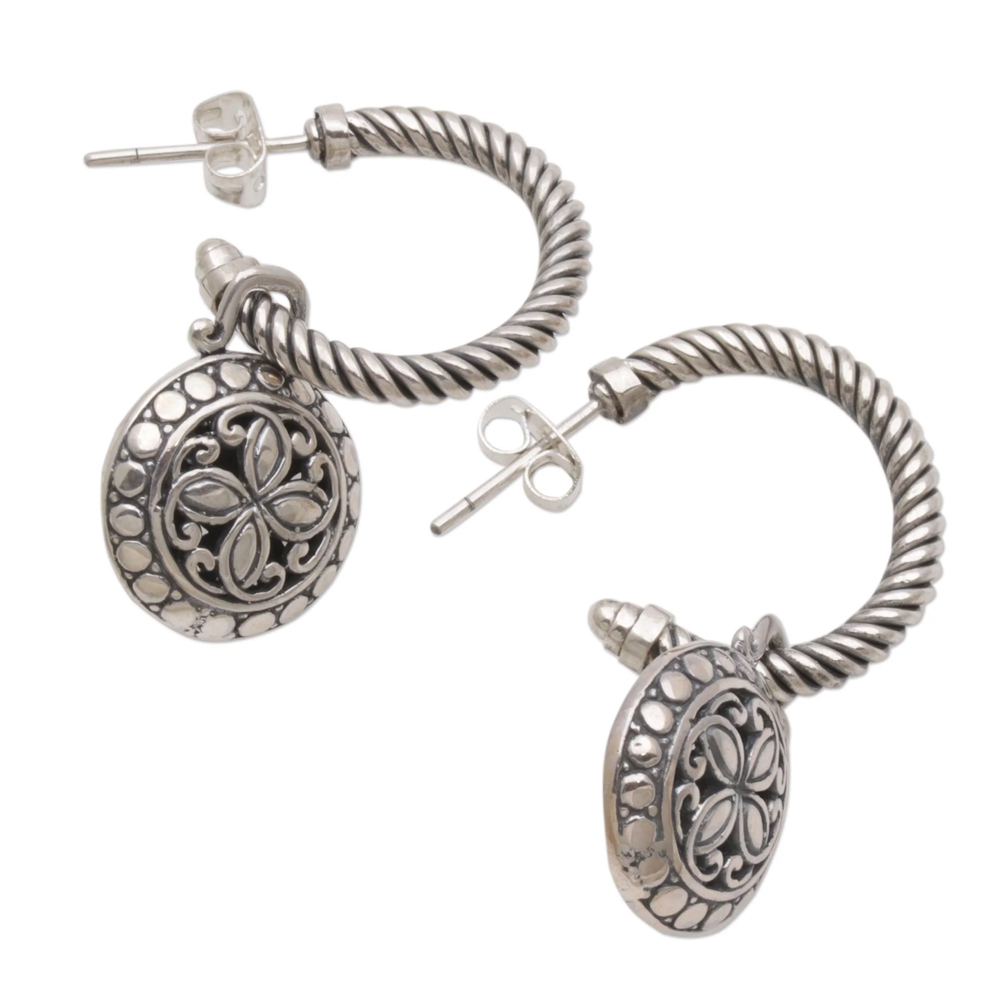 Orchid Lanterns 925 Sterling Silver Floral Half-Hoop Dangle Earrings - Image 4