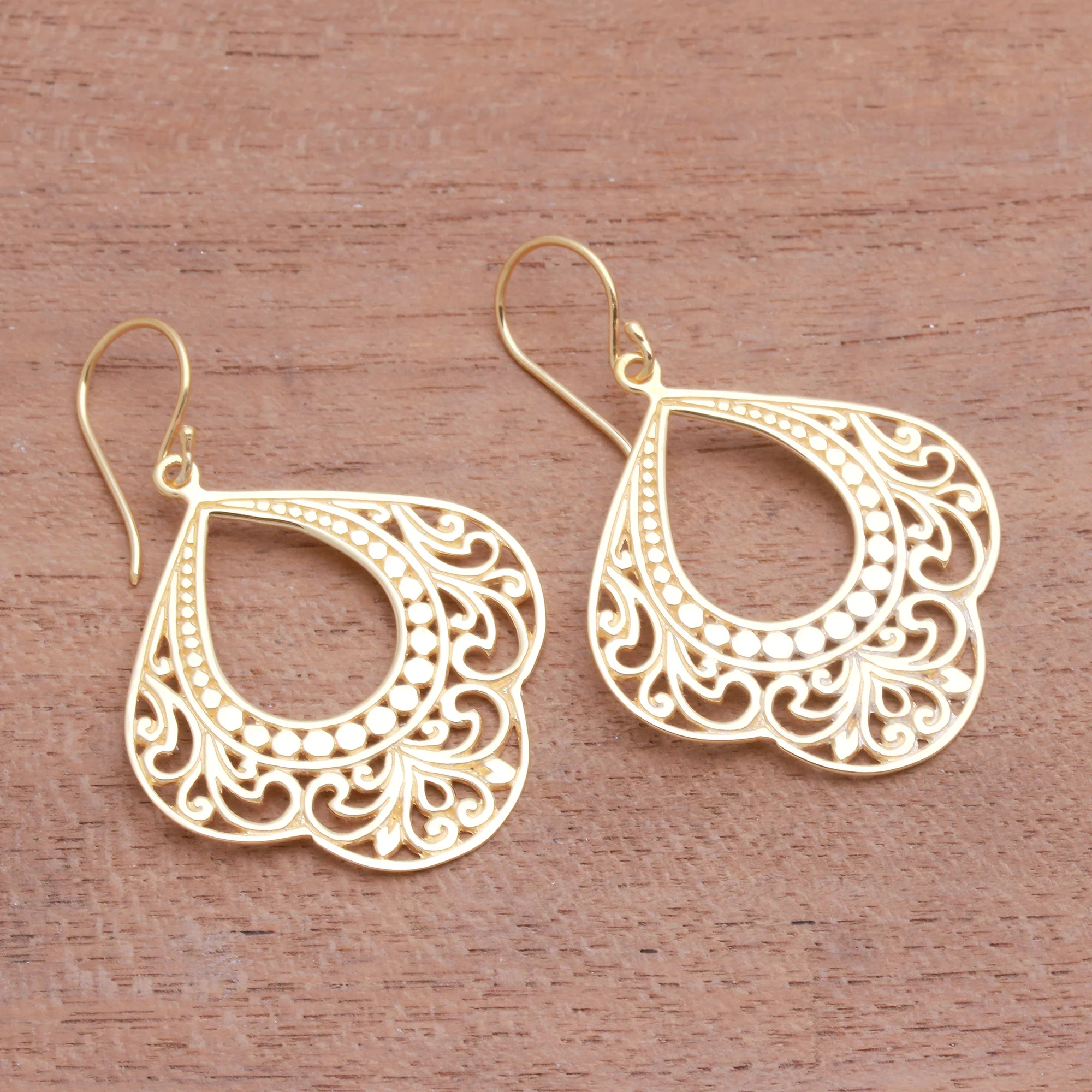 Original Elegance Patterned Gold Plated Sterling Silver Dangle Earrings - Image 3