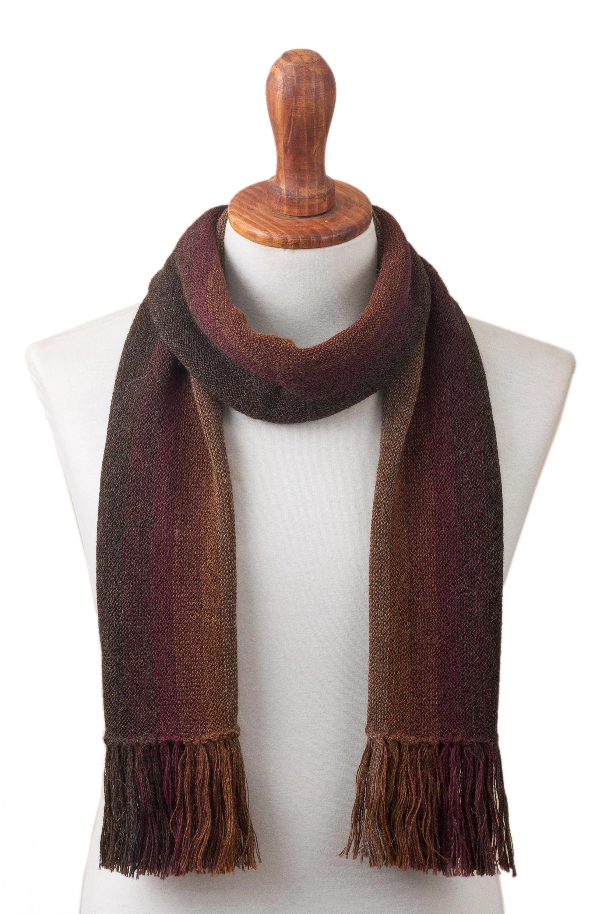 Outcropping Stripes Shades of Brown Burgundy and Blue 100% Alpaca Knit Scarf - Image 2