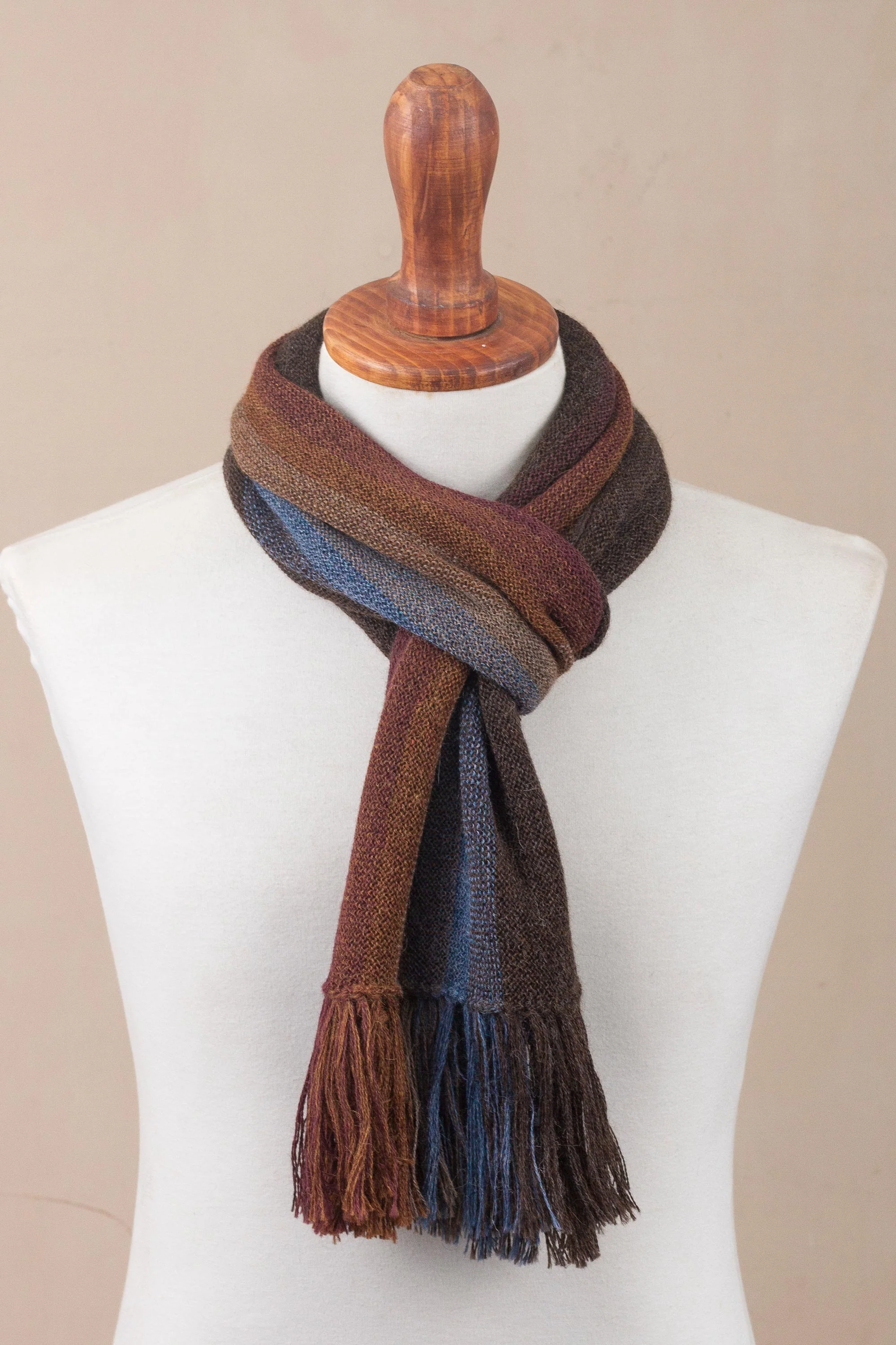 Outcropping Stripes Shades of Brown Burgundy and Blue 100% Alpaca Knit Scarf - Image 3