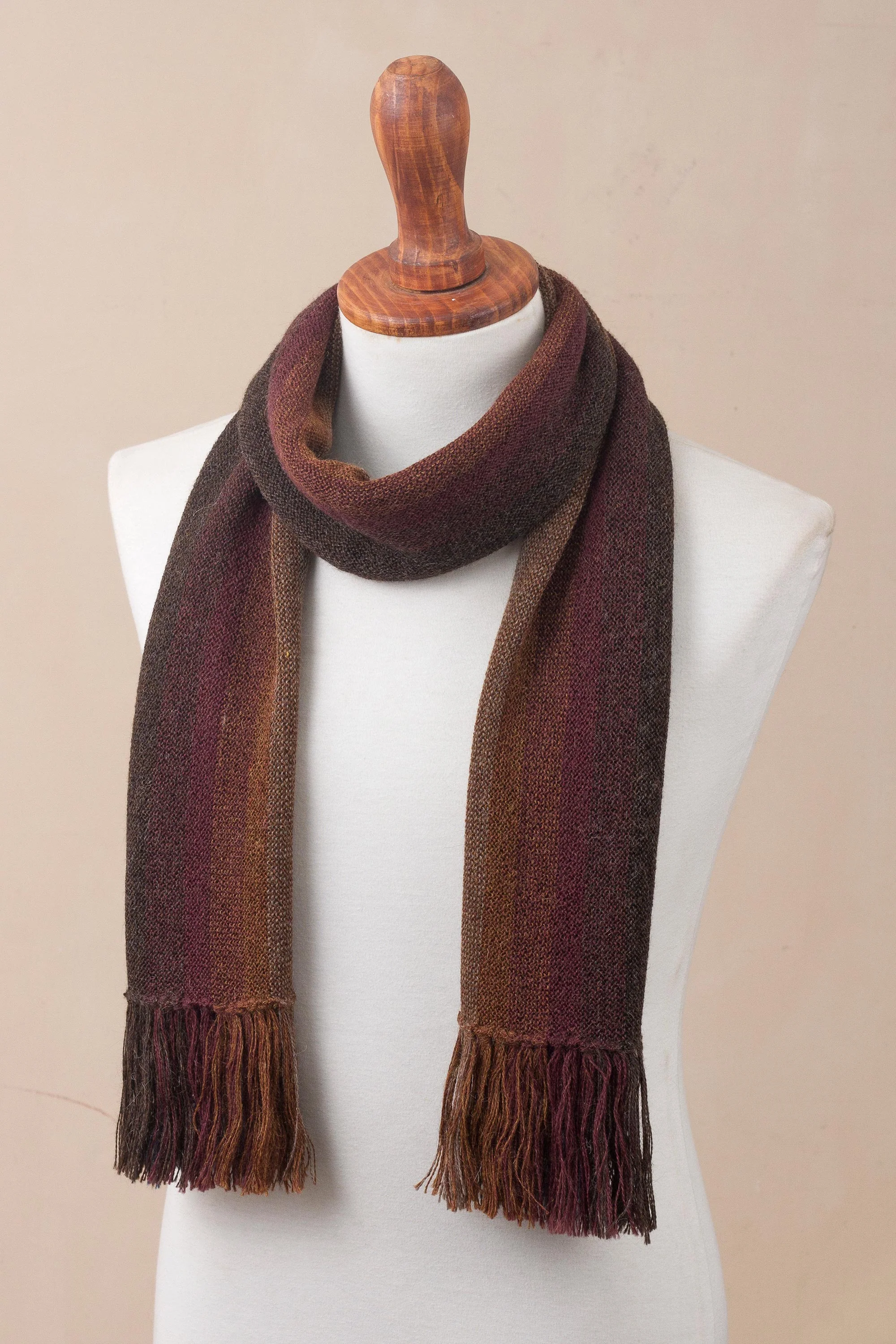 Outcropping Stripes Shades of Brown Burgundy and Blue 100% Alpaca Knit Scarf - Image 4