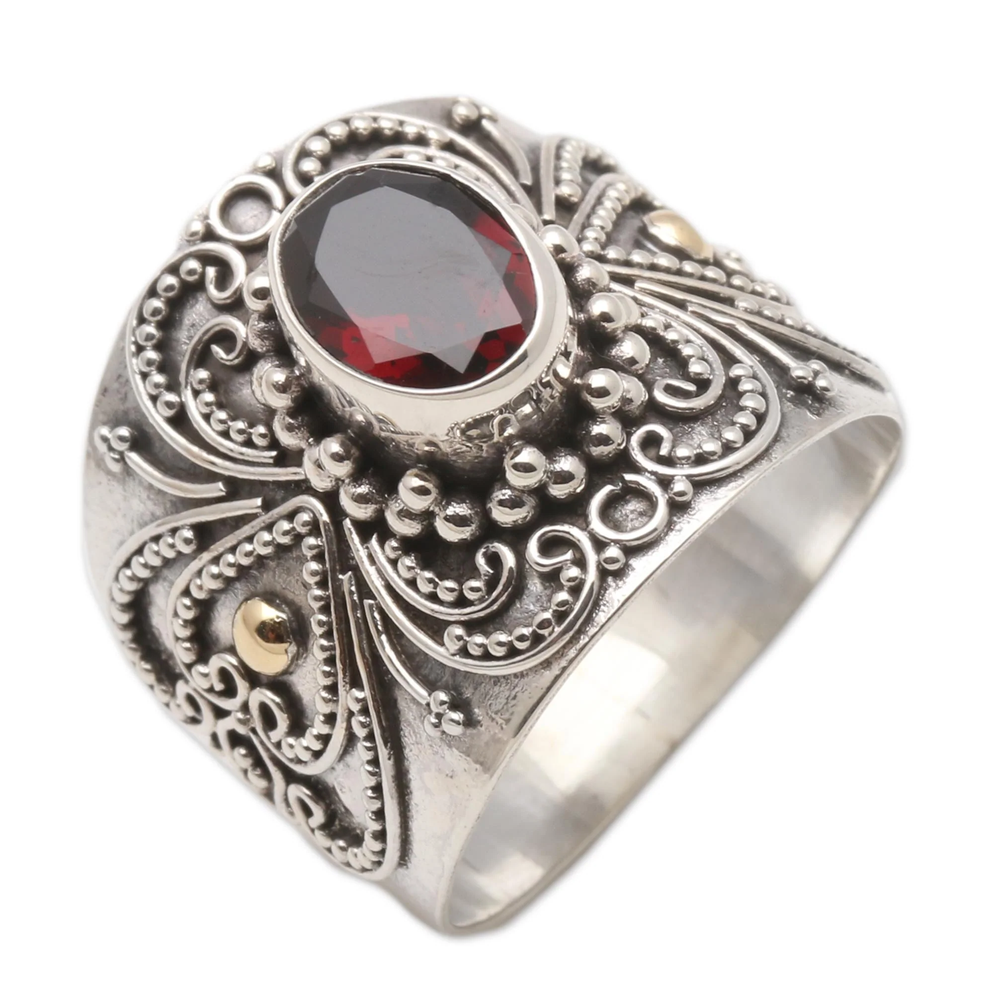 Oval Crimson Glow Balinese Silver and Oval Garnet Ring with Gold Accents - Image 2