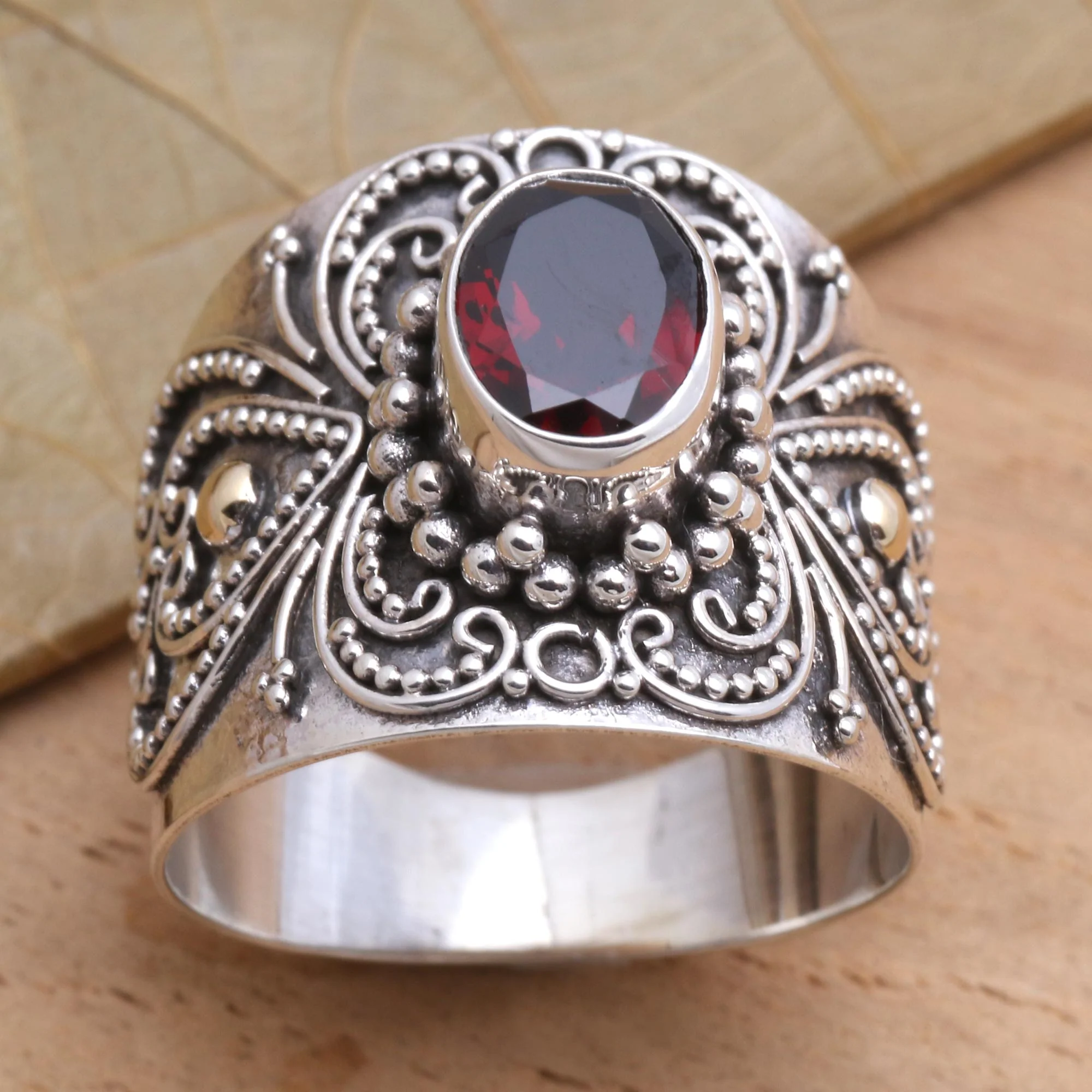 Oval Crimson Glow Balinese Silver and Oval Garnet Ring with Gold Accents - Image 3