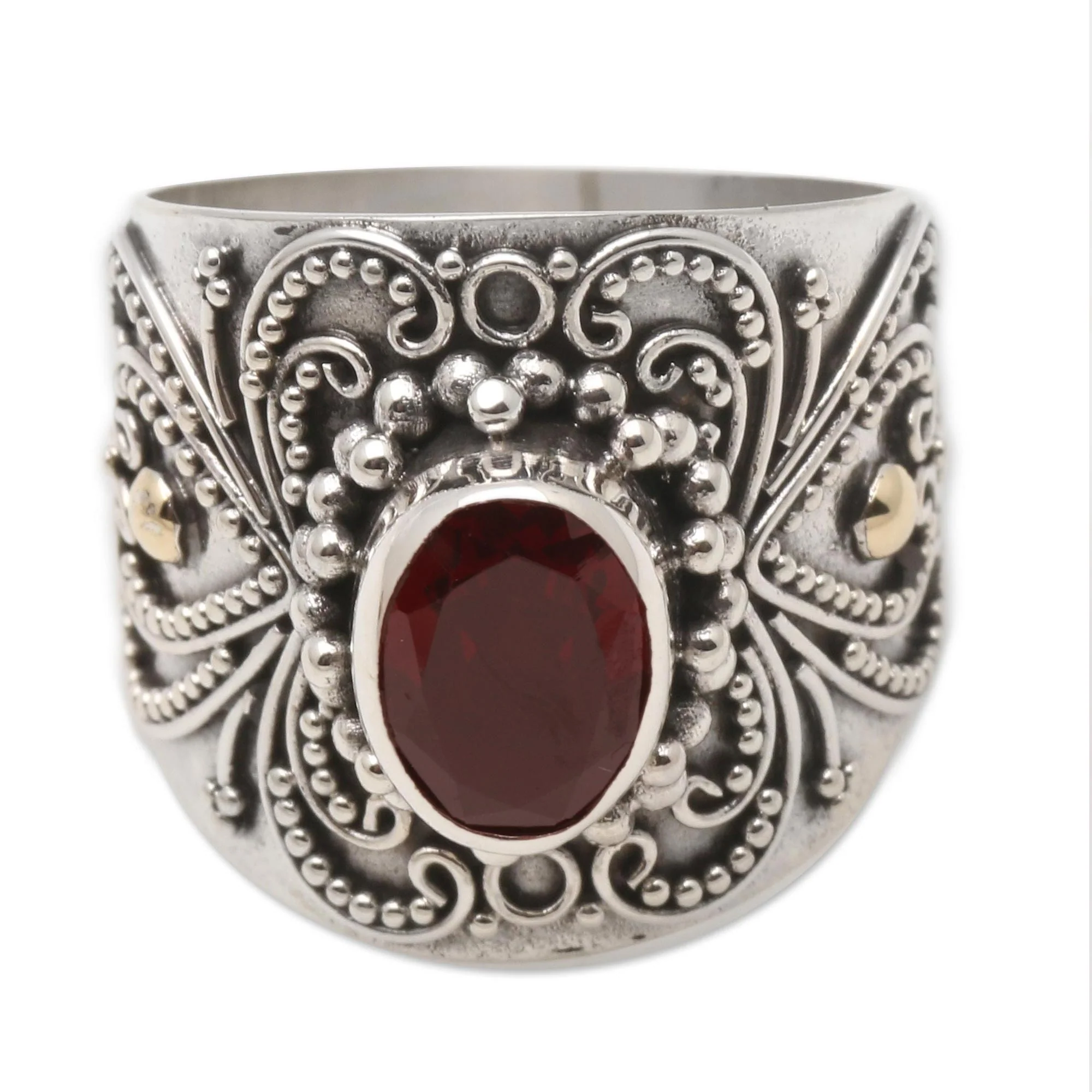Oval Crimson Glow Balinese Silver and Oval Garnet Ring with Gold Accents - Image 5