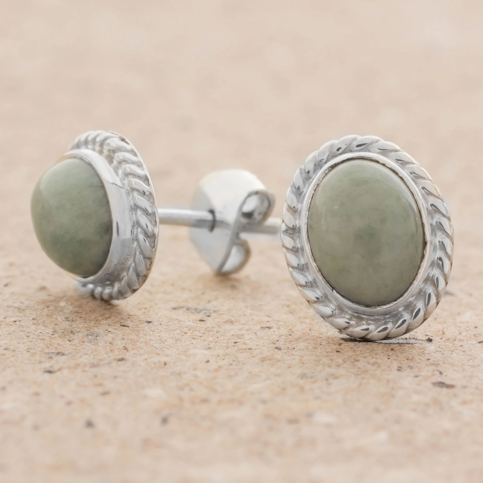 Oval Lassos Light Green Jade Oval Stud Earrings from Guatemala - Image 3
