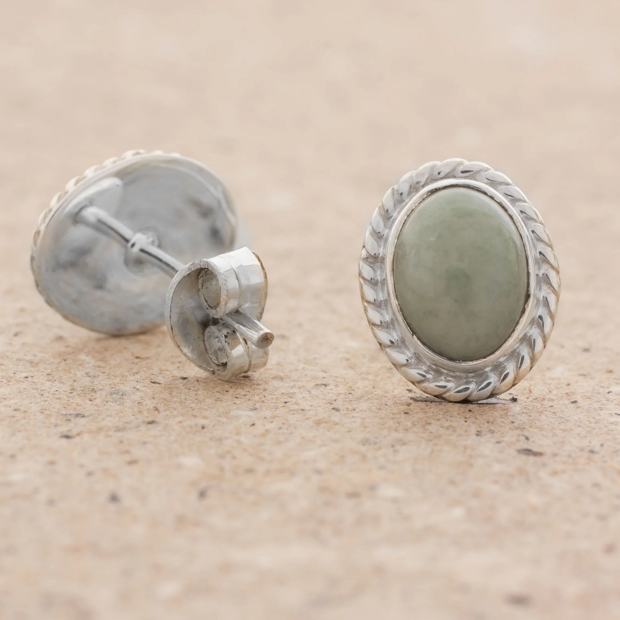 Oval Lassos Light Green Jade Oval Stud Earrings from Guatemala - Image 4