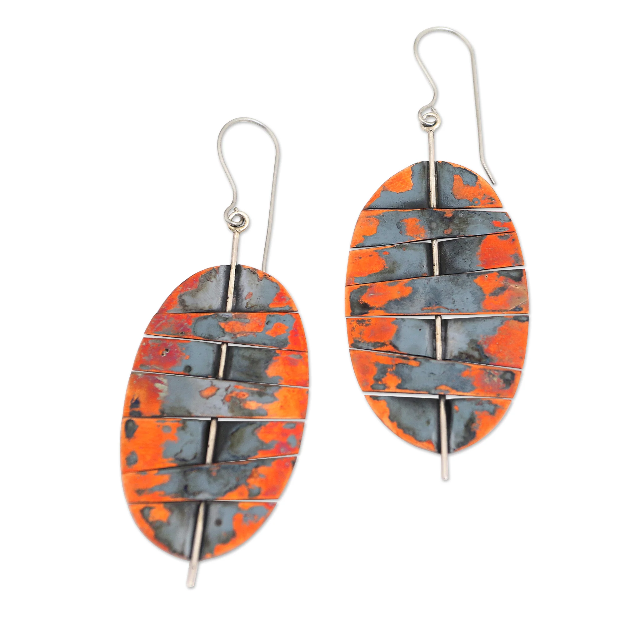 Oval Stitches Balinese Copper and Stainless Steel Dangle Earrings - Image 2