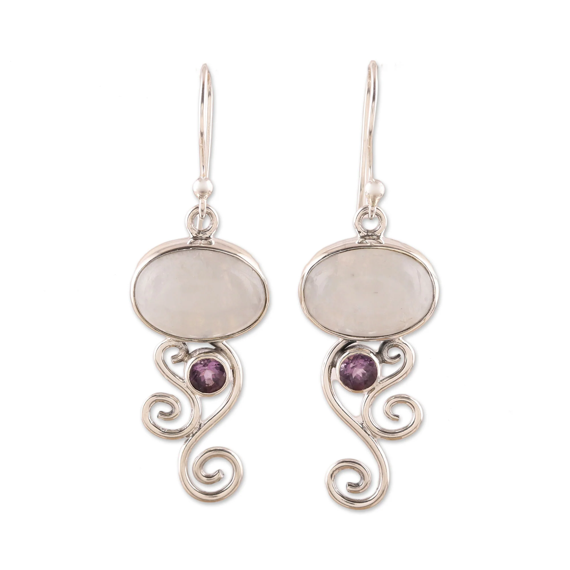 Oval Tendrils Rainbow Moonstone and Amethyst Earrings from India - Image 2