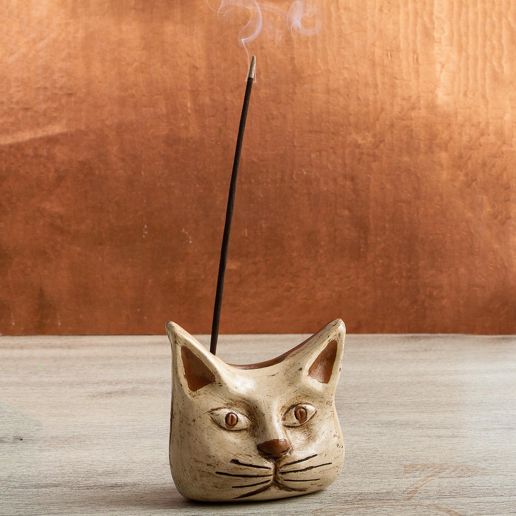 Owl Cat Animal Theme Burnished Clay Incense Holder from Mexico