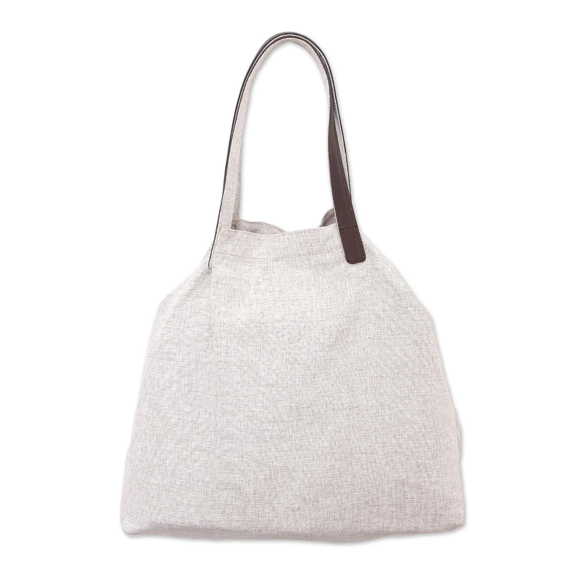 Oyster Style Leather Accent Cotton Tote in Solid Oyster from Java - Image 2