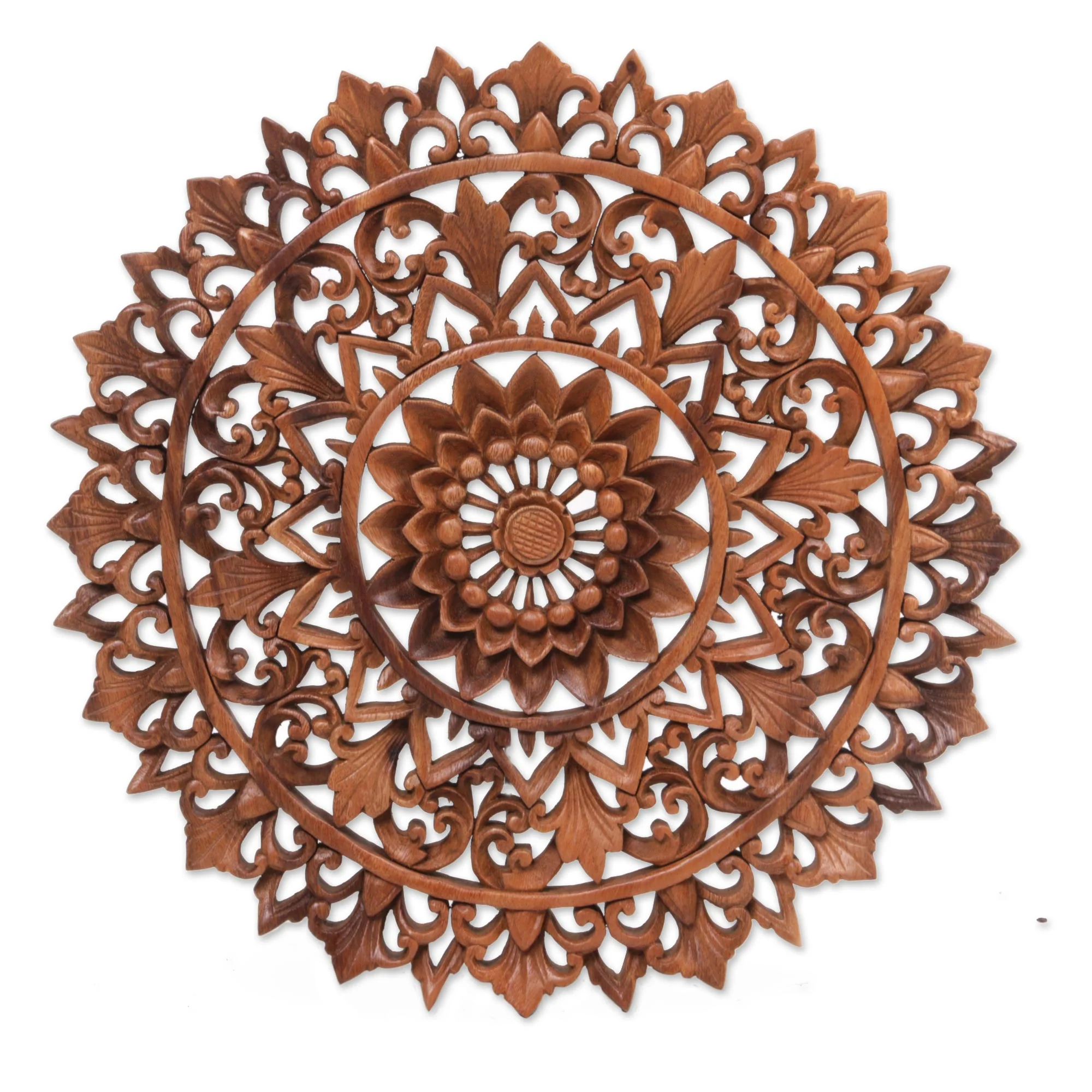 Padma Parade Circular Floral Wood Wall Relief Panel from Indonesia - Image 2