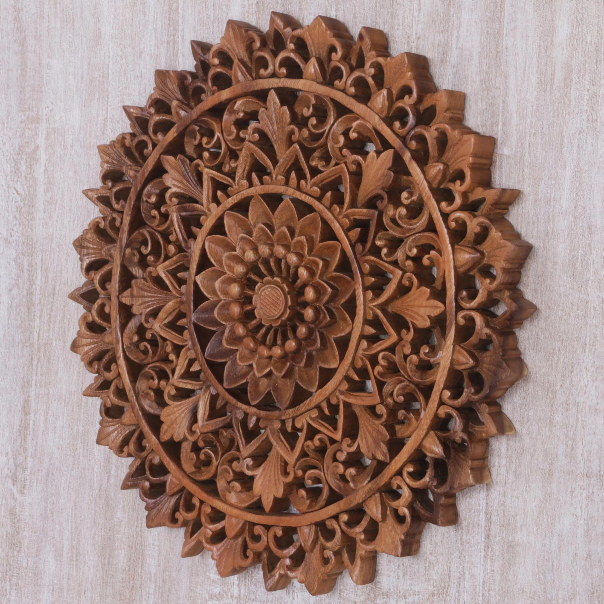 Padma Parade Circular Floral Wood Wall Relief Panel from Indonesia - Image 3