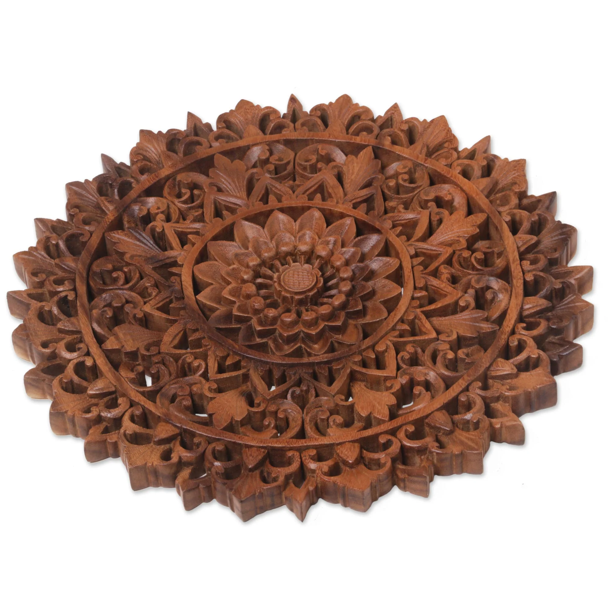 Padma Parade Circular Floral Wood Wall Relief Panel from Indonesia - Image 4