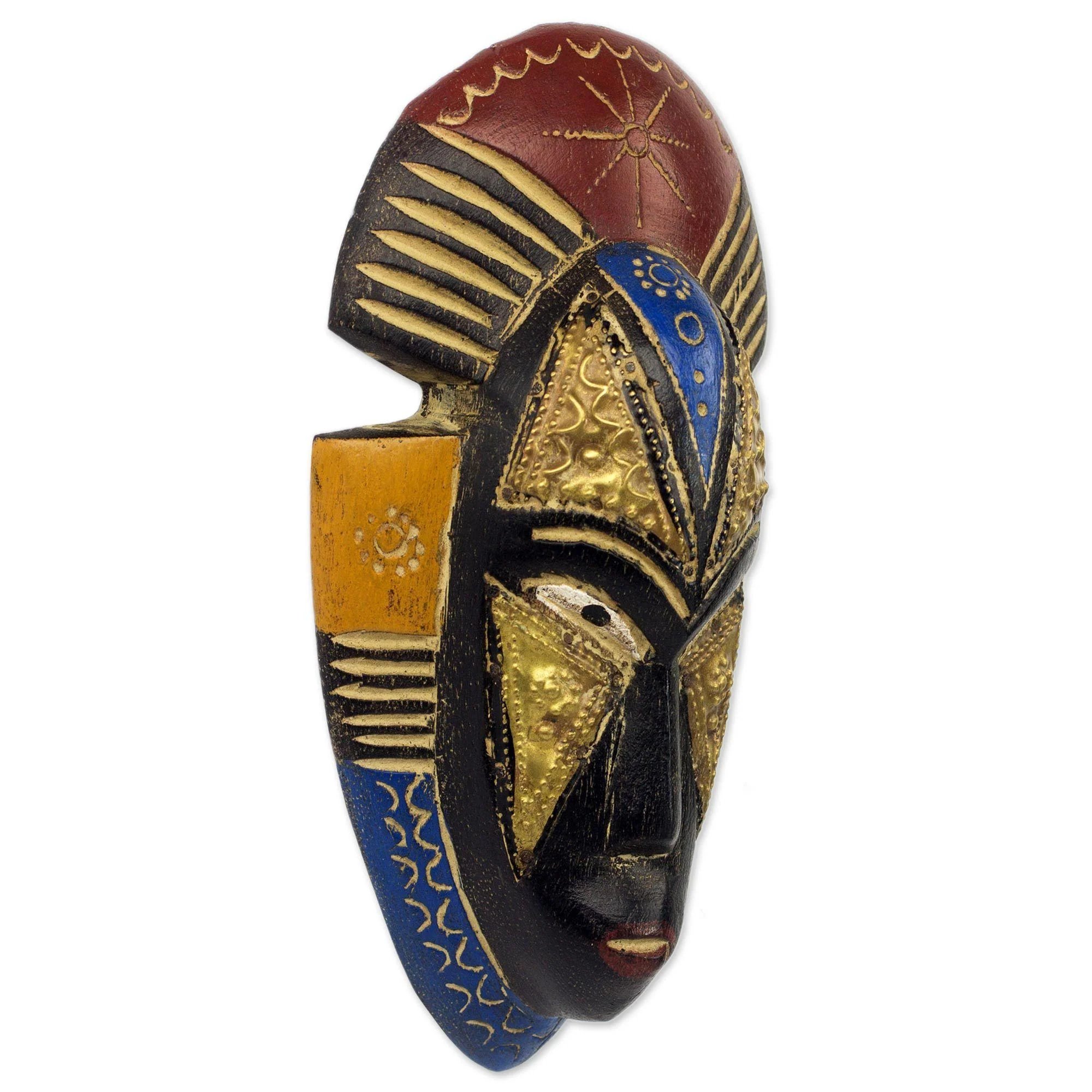 Painted Red and Blue Hand Carved Ghanaian Wood Wall Mask, 'Opeyemi' - Image 3