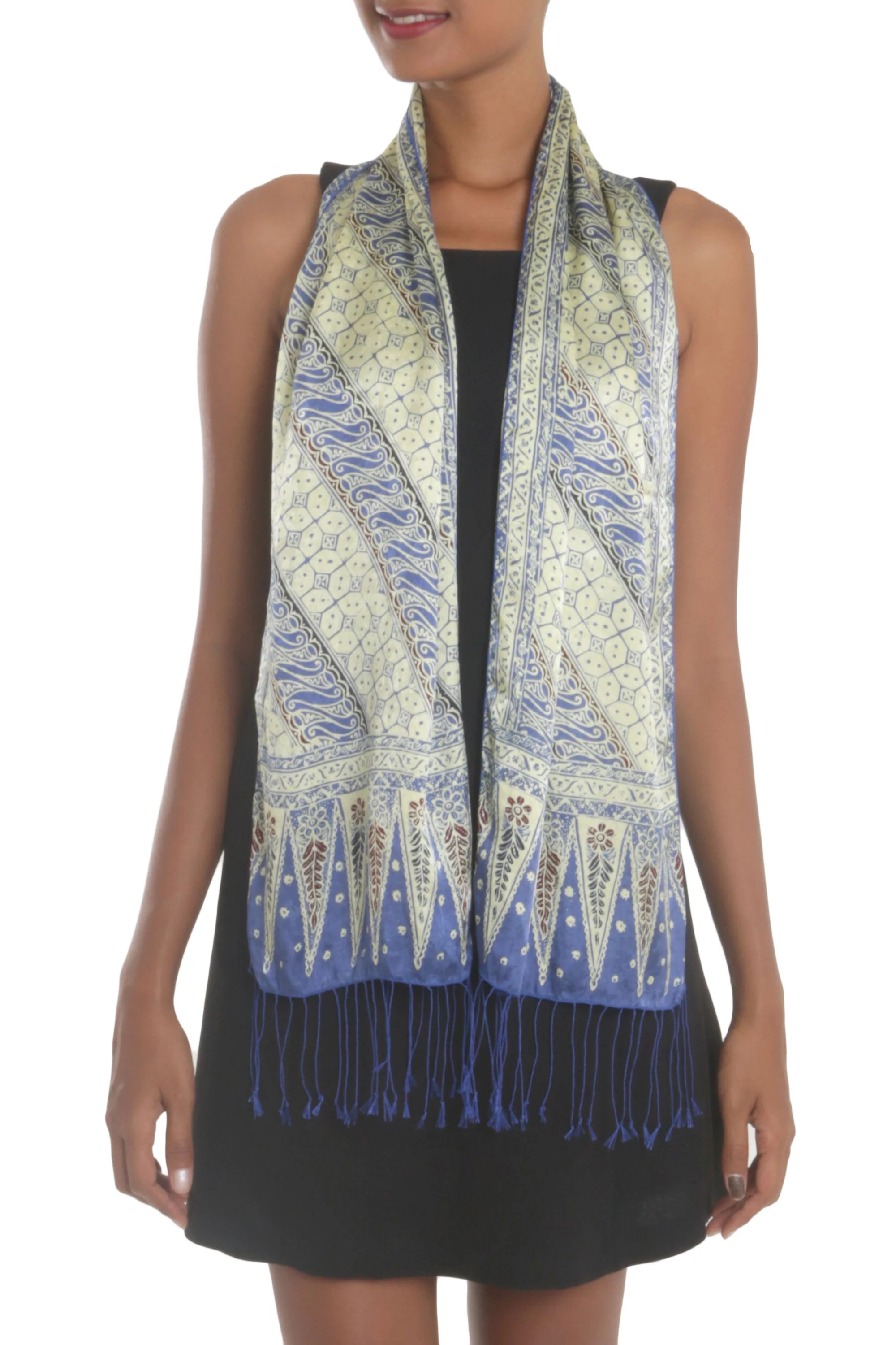 Parang World in Indigo Batik Silk Scarf with Parang Motifs in Indigo from Bali - Image 2